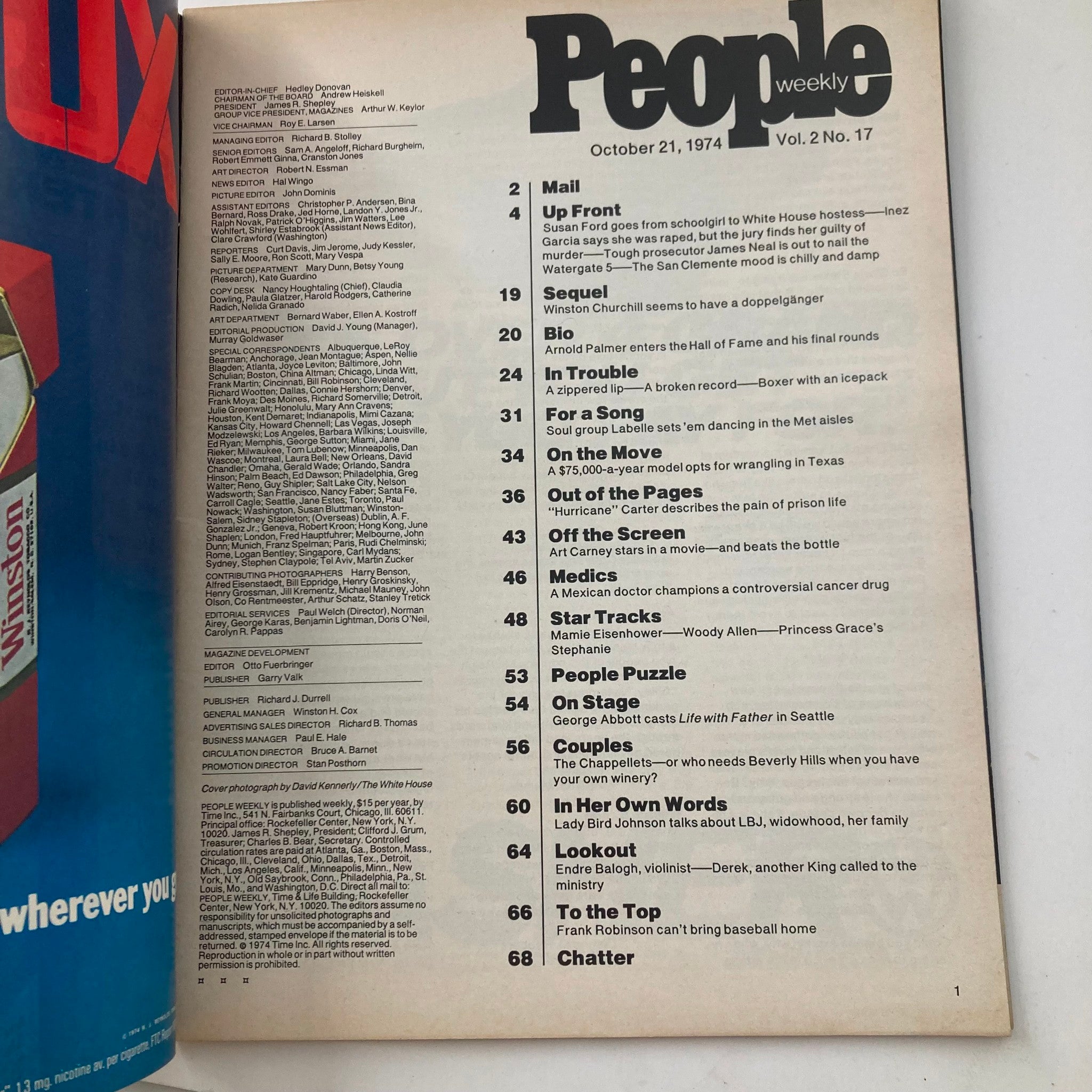 Table of contents from the People Weekly Magazine, October 21, 1974, Vol 2 No 17, outlining featured articles and contributors including Susan Ford and cultural insights from the 1970s.