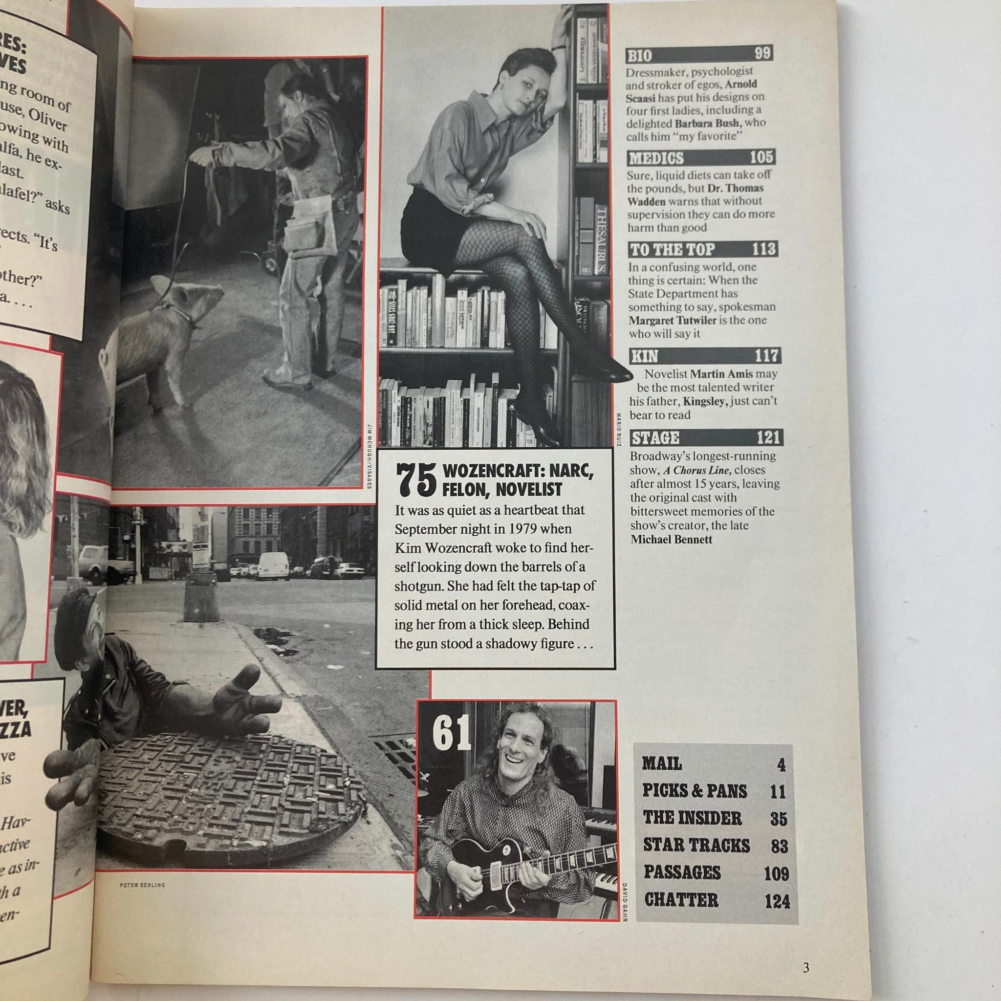 Page from VTG People Weekly Magazine April 23 1990 featuring a collage of images and articles. Highlights include a story about Kim Wozencraft, a novelist and felon, and a character portrait of a musician holding a guitar. This page captures the essence of cultural narratives during the 1990s, making it significant for collectors and history enthusiasts interested in the era's literature and society.