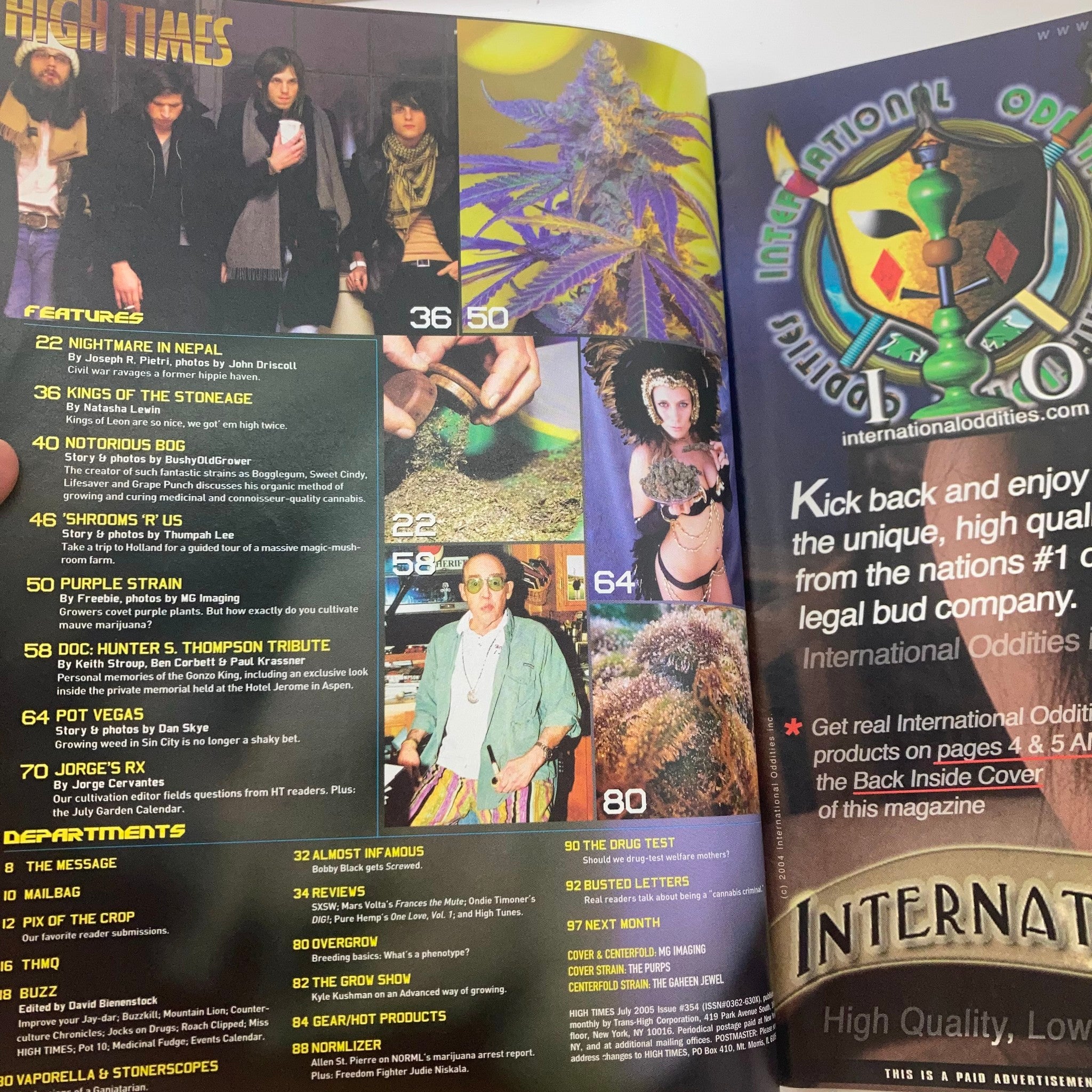 Inside pages of High Times Magazine July 2005 featuring articles on Kings of Leon and cannabis culture, highlighting music and lifestyle insights.