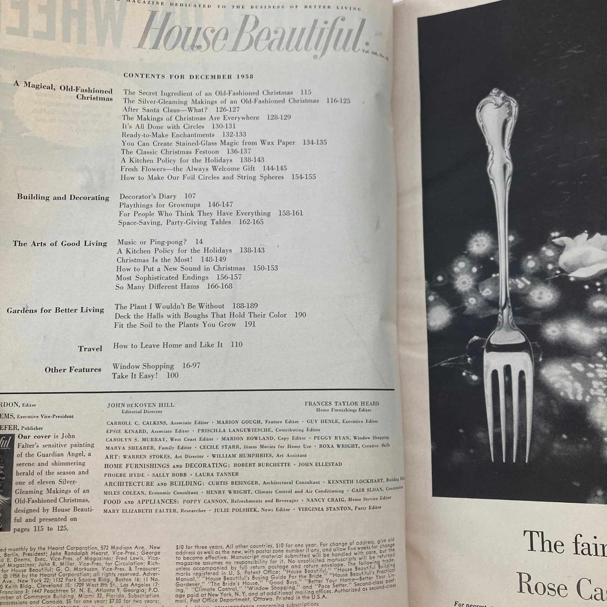 Contents page of House Beautiful Magazine December 1958, detailing articles on holiday decorations and festive ideas for an Old-Fashioned Christmas.