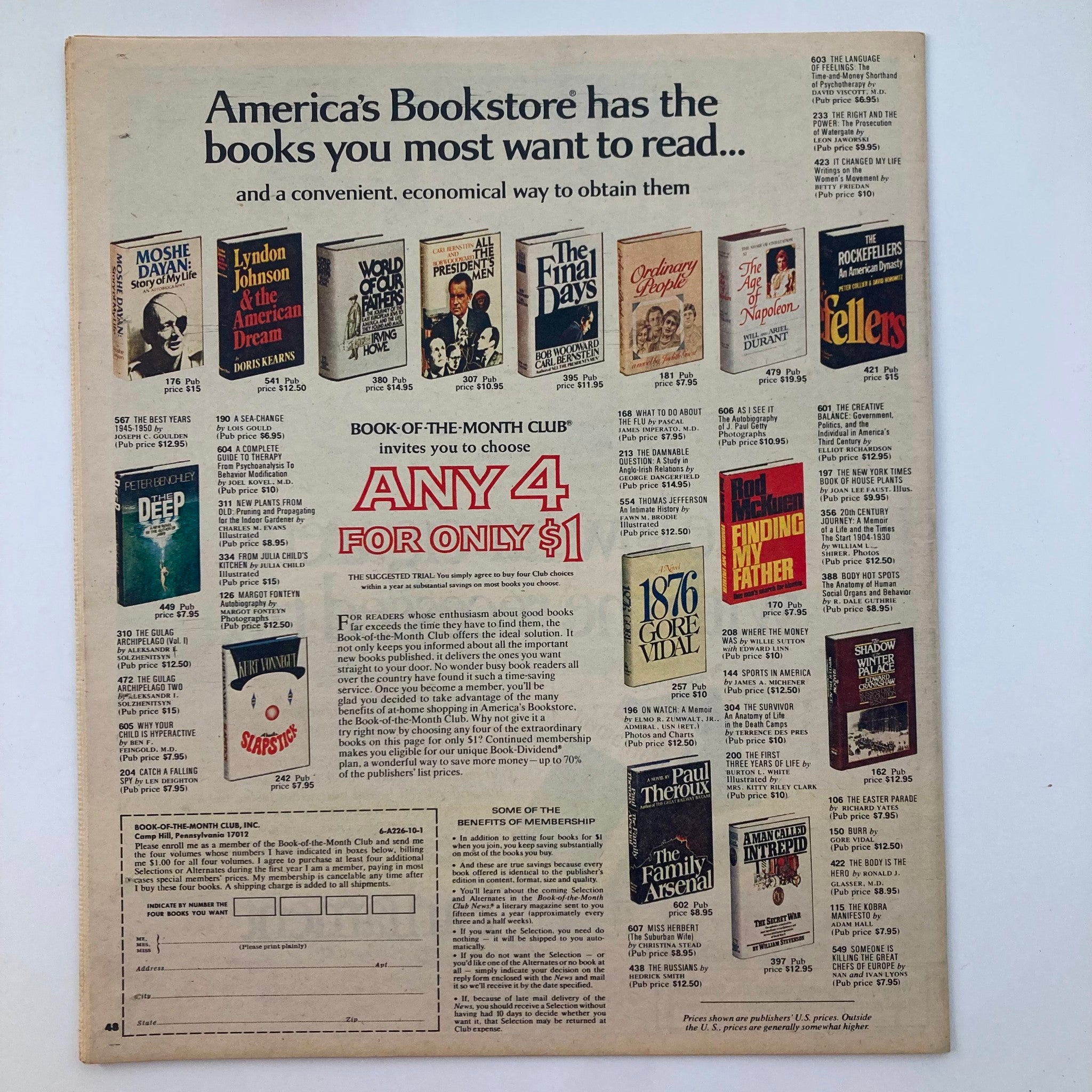 Advertisement for America's Bookstore featuring various book titles, including 'Moshe Dayan: Story of My Life' and 'The Final Days', from the October 3, 1976 VTG Washington Post Potomac Magazine Cat Litter War No Label. Highlights Book-of-the-Month Club offer of any 4 books for only $1.
