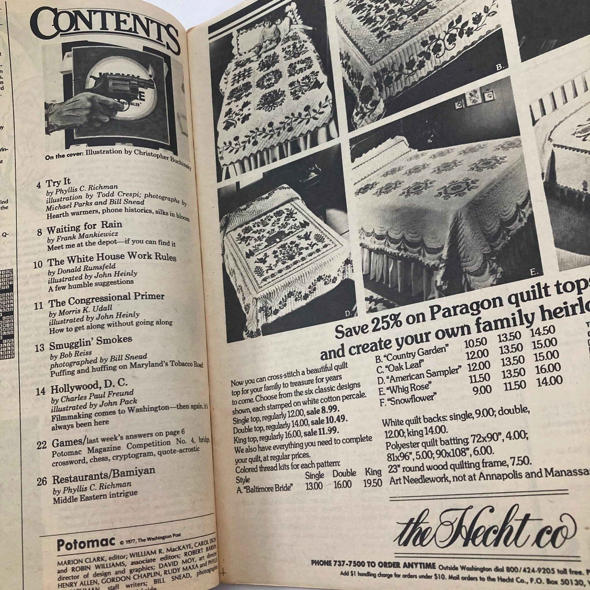 Contents page of VTG Washington Post Potomac Magazine, January 23, 1977. Lists articles including 'Try It' and 'The Congressional Primer', with images of quilts and related items.