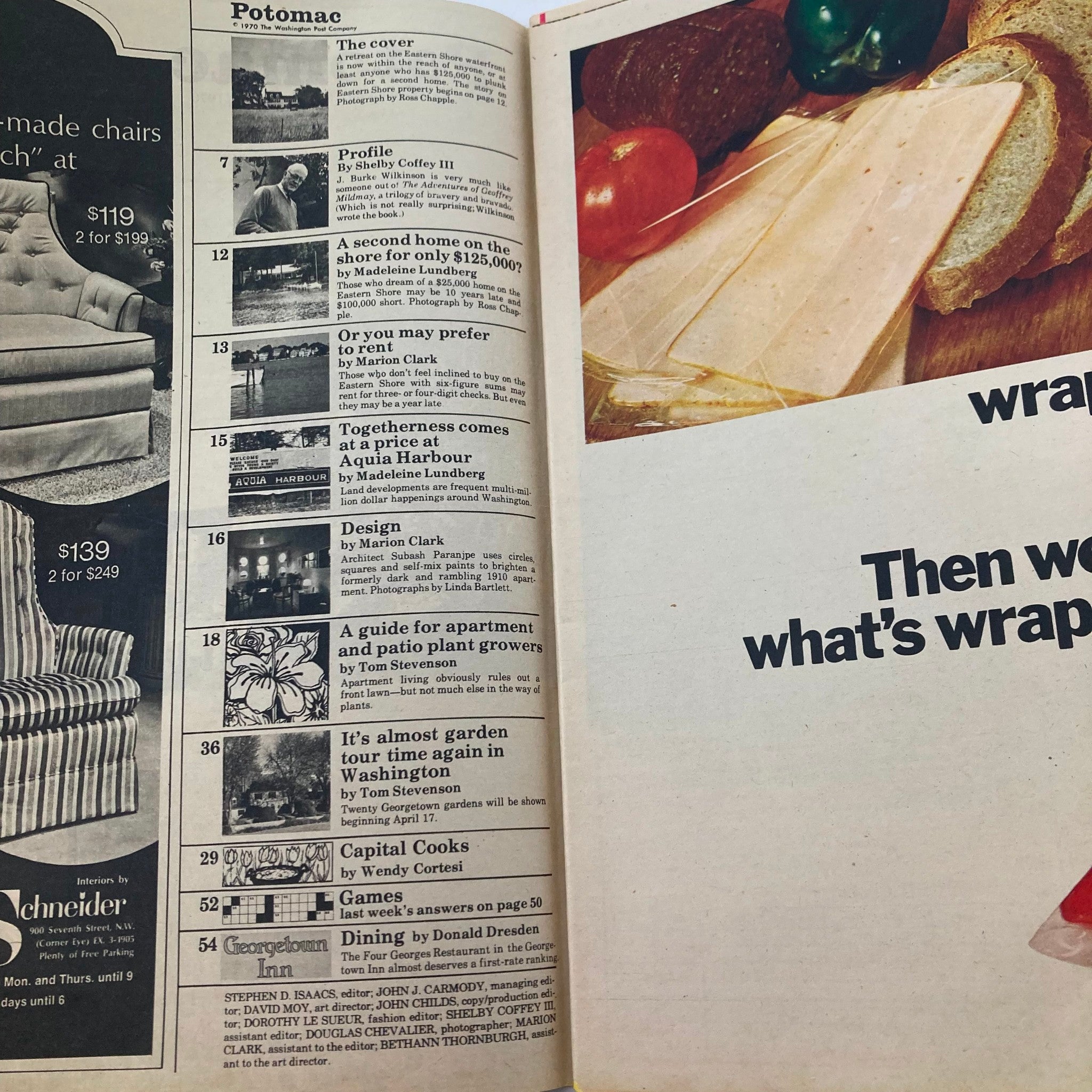 Inside page from VTG Washington Post Potomac Magazine April 5 1970 featuring articles on lifestyle and local gardening along with an advertisement for products.