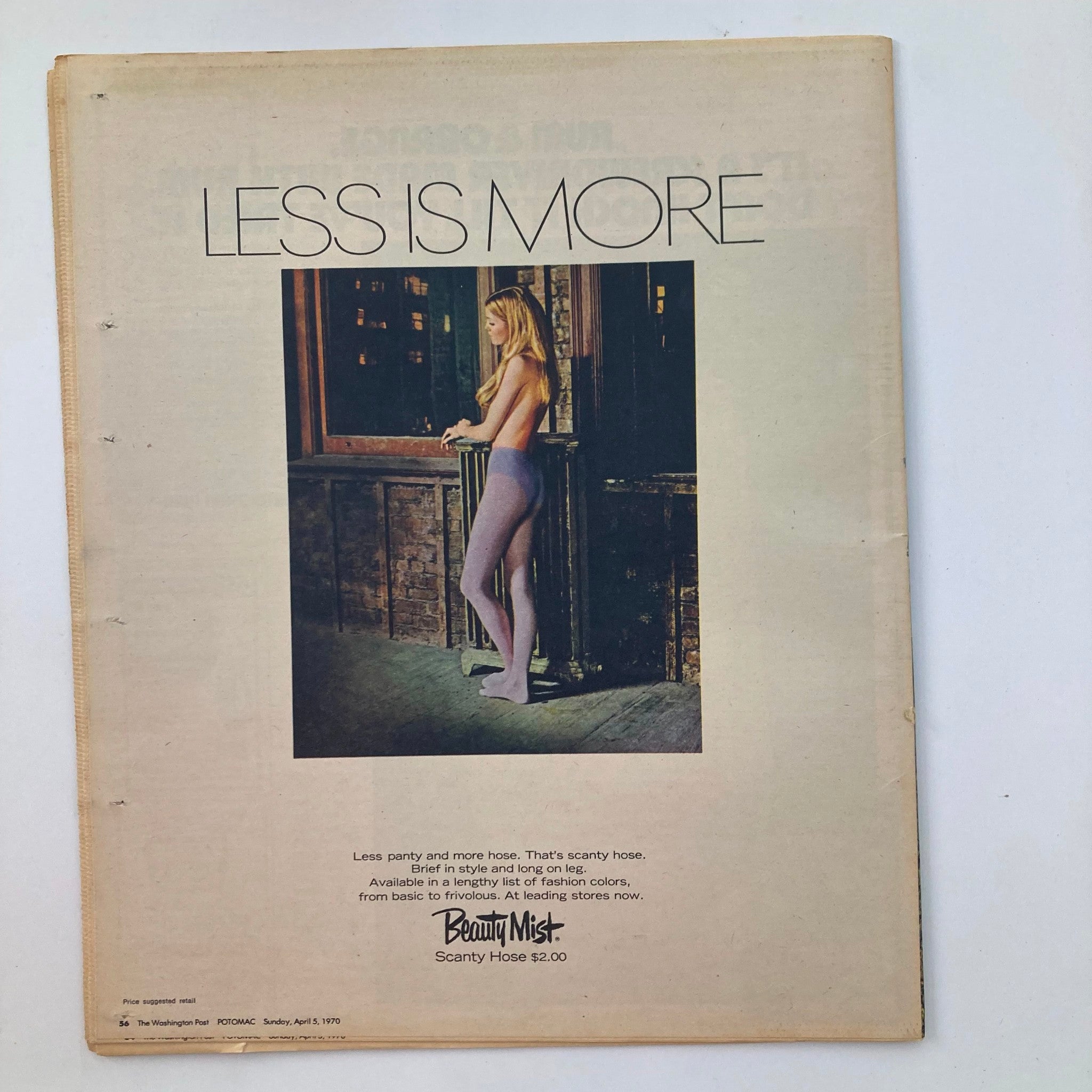 Back cover of VTG Washington Post Potomac Magazine April 5 1970 showcasing an advertisement for Beauty Mist scanty hose with the tagline 'Less is More'.