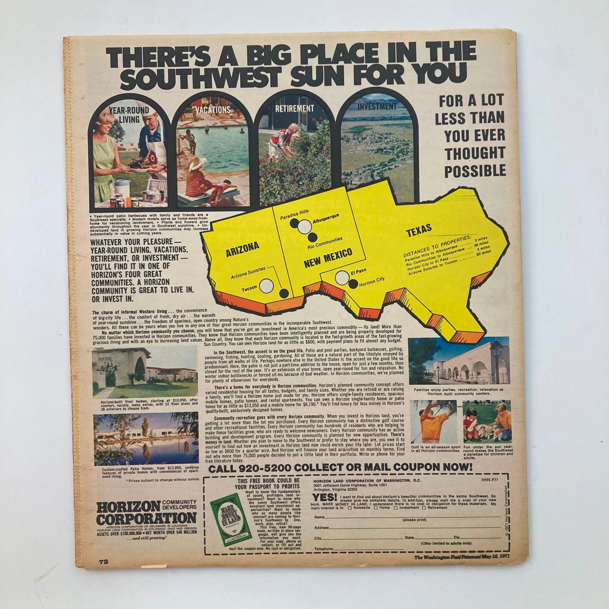 Back cover of VTG Washington Post Potomac Magazine from May 16, 1971, featuring a promotional advertisement highlighting retirement and investment opportunities in Arizona and New Mexico, alongside beautiful imagery of the Southwest.