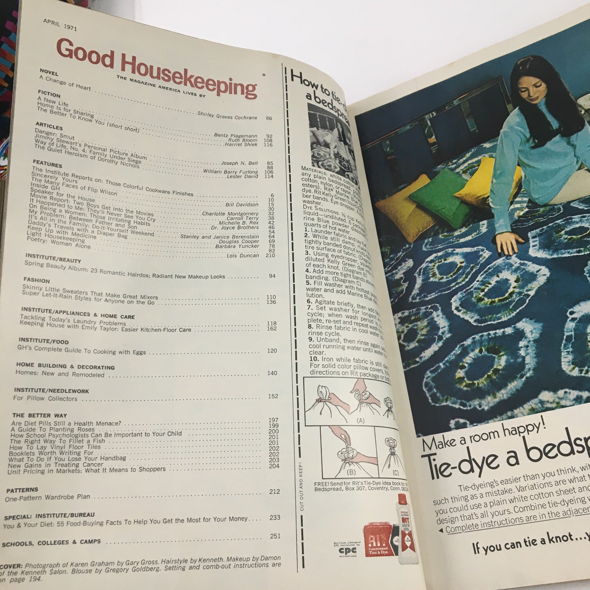 Inside pages of Good Housekeeping Magazine, April 1971, showcasing the table of contents and an article on tie-dyeing a bedsheet. The layout includes various topics covered in this issue.