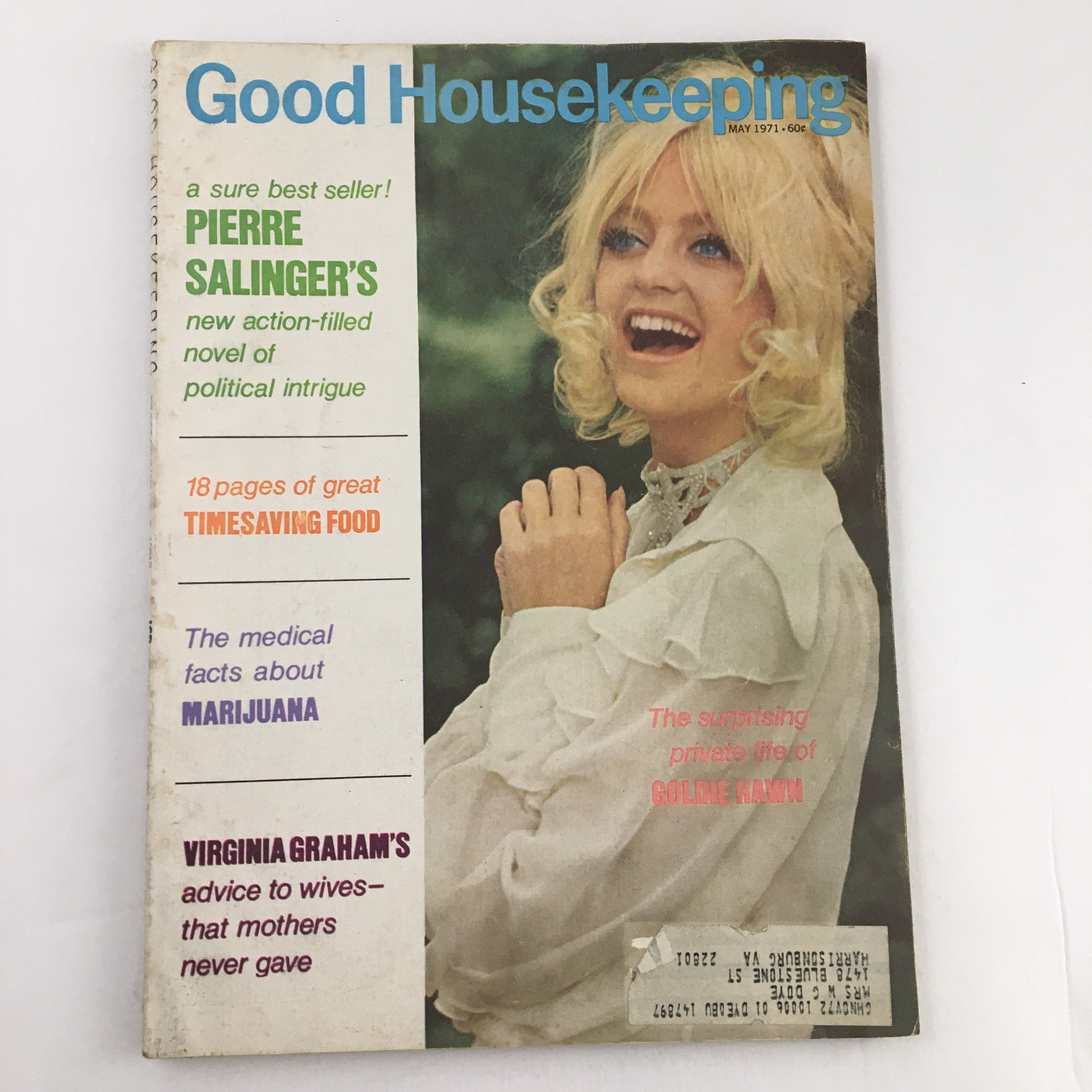 Cover of Good Housekeeping Magazine May 1971 featuring Goldie Hawn, showcasing articles on political intrigue and health with vibrant colors and bold typography.