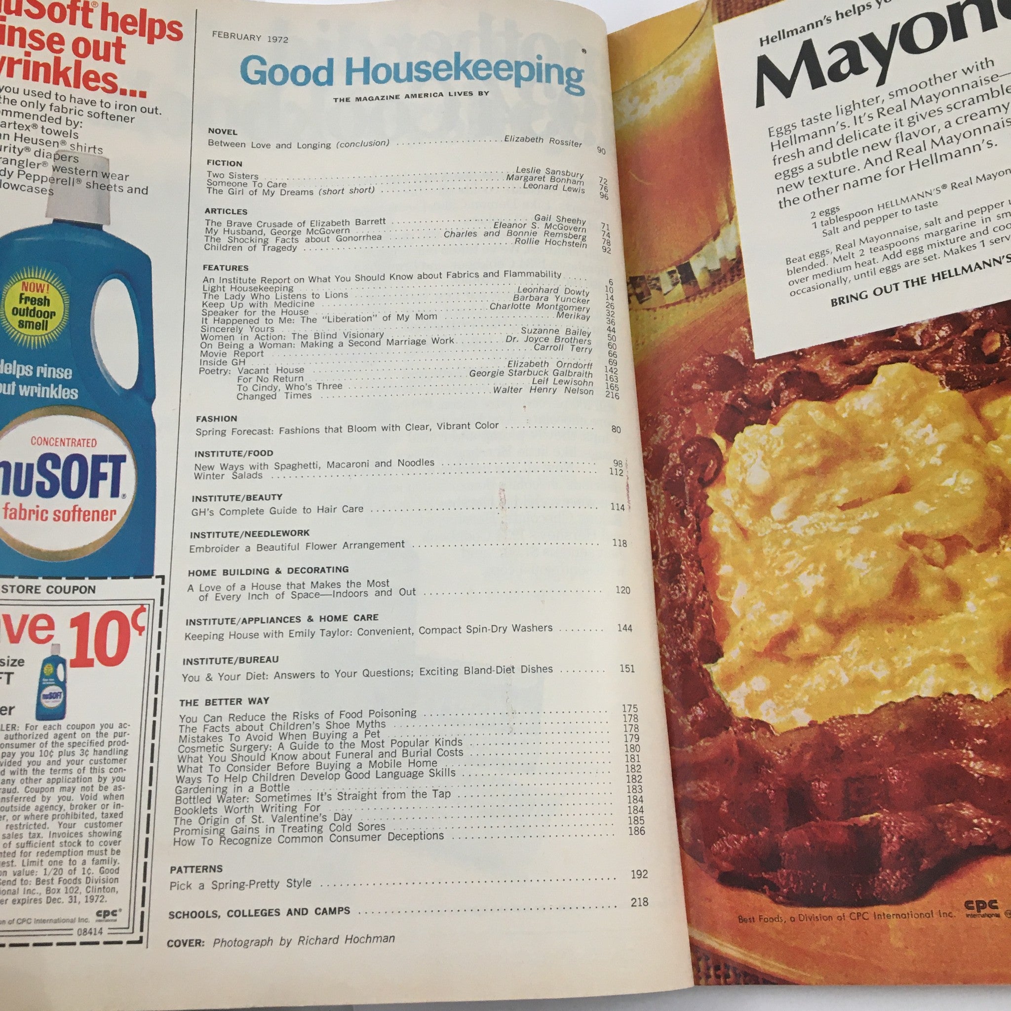 Inside pages of Good Housekeeping Magazine February 1972 showing the table of contents, detailing feature articles including 'Gonorrhea Epidemic' and various lifestyle topics.