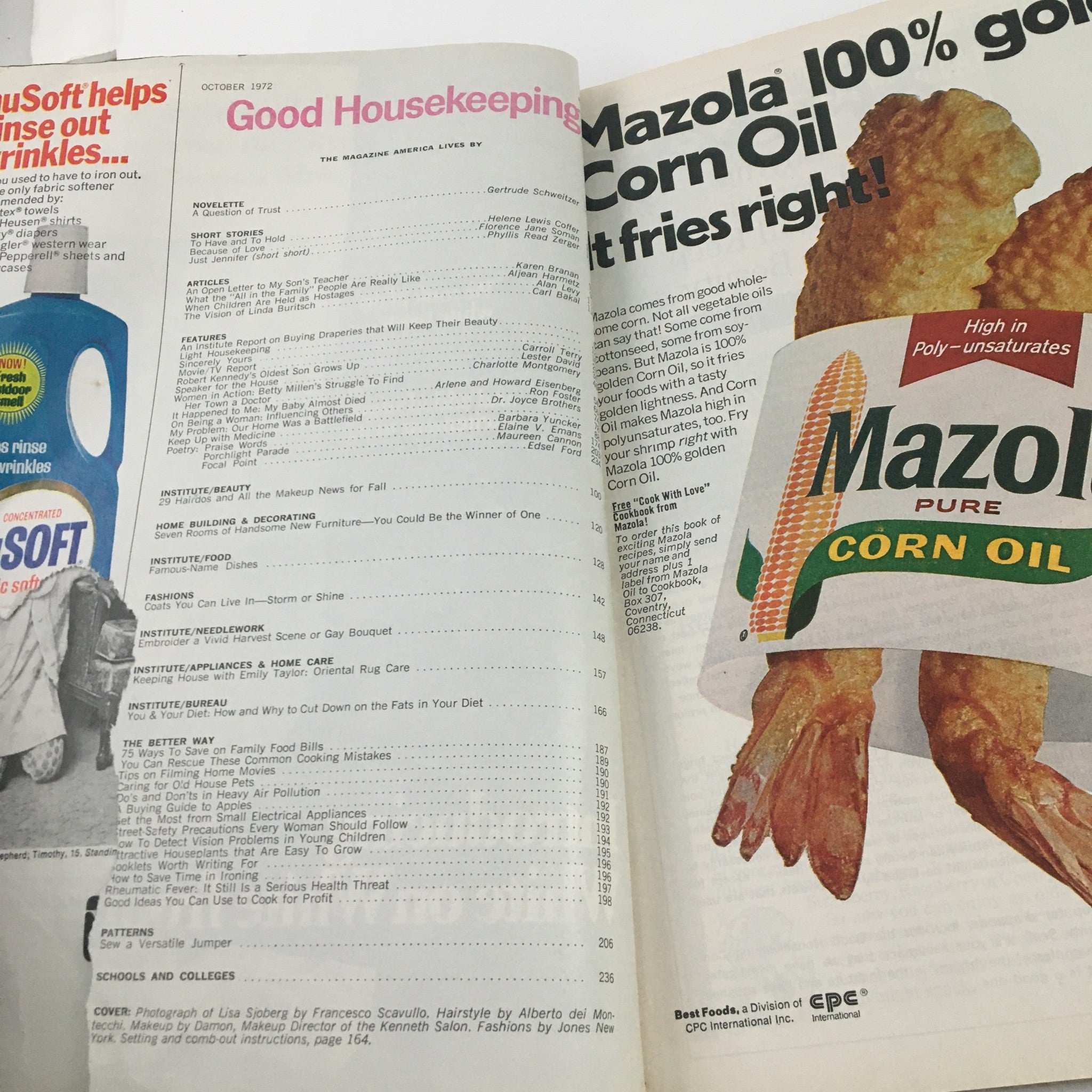 Interior page of Good Housekeeping Magazine October 1972 featuring features, articles, and advertisements including Mazola Corn Oil. A glimpse into the vintage content of the magazine.