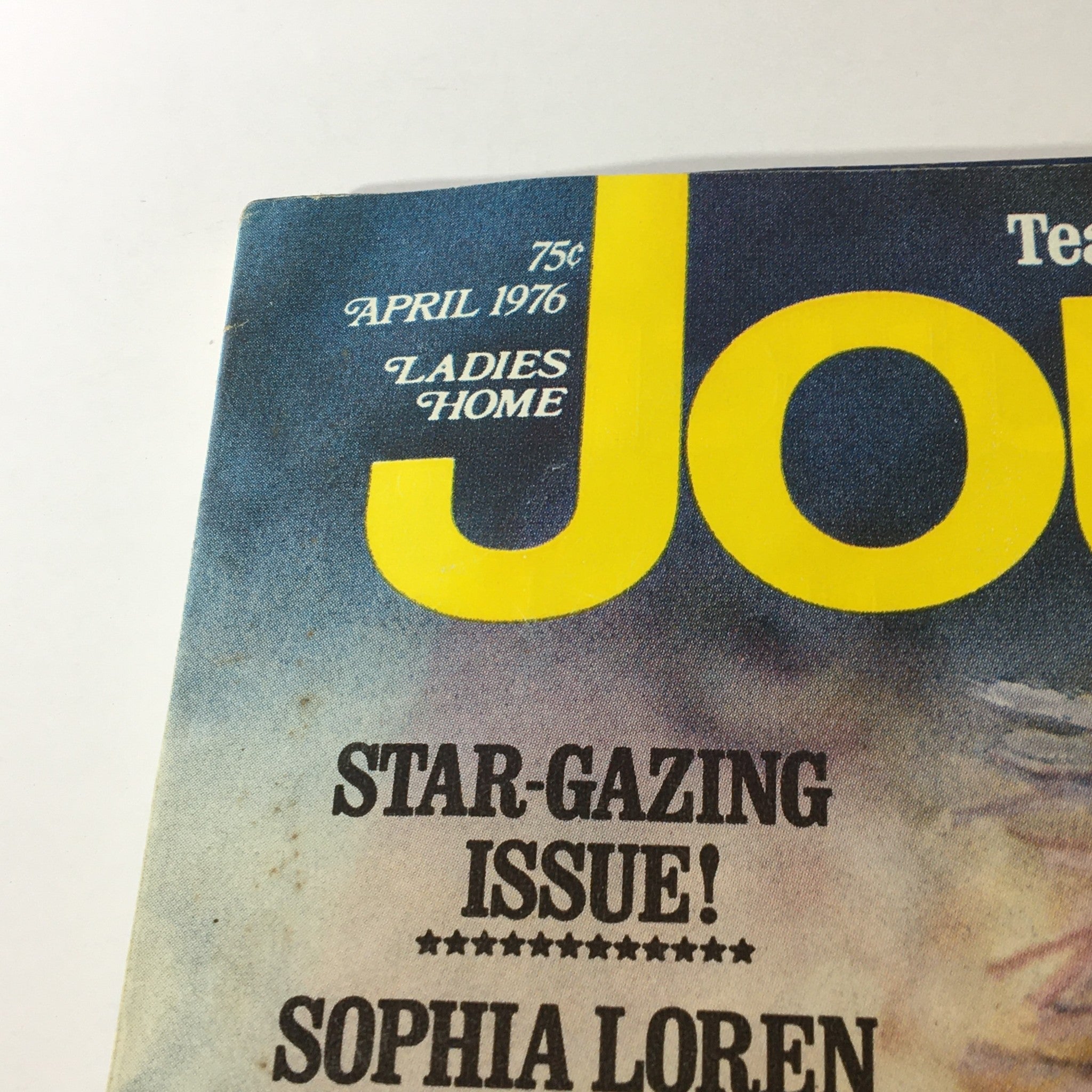 Close-up view of VTG Journal Magazine April 1976 Vol XCIII #4 cover, highlighting the vibrant title and pull quotes about Sophia Loren.