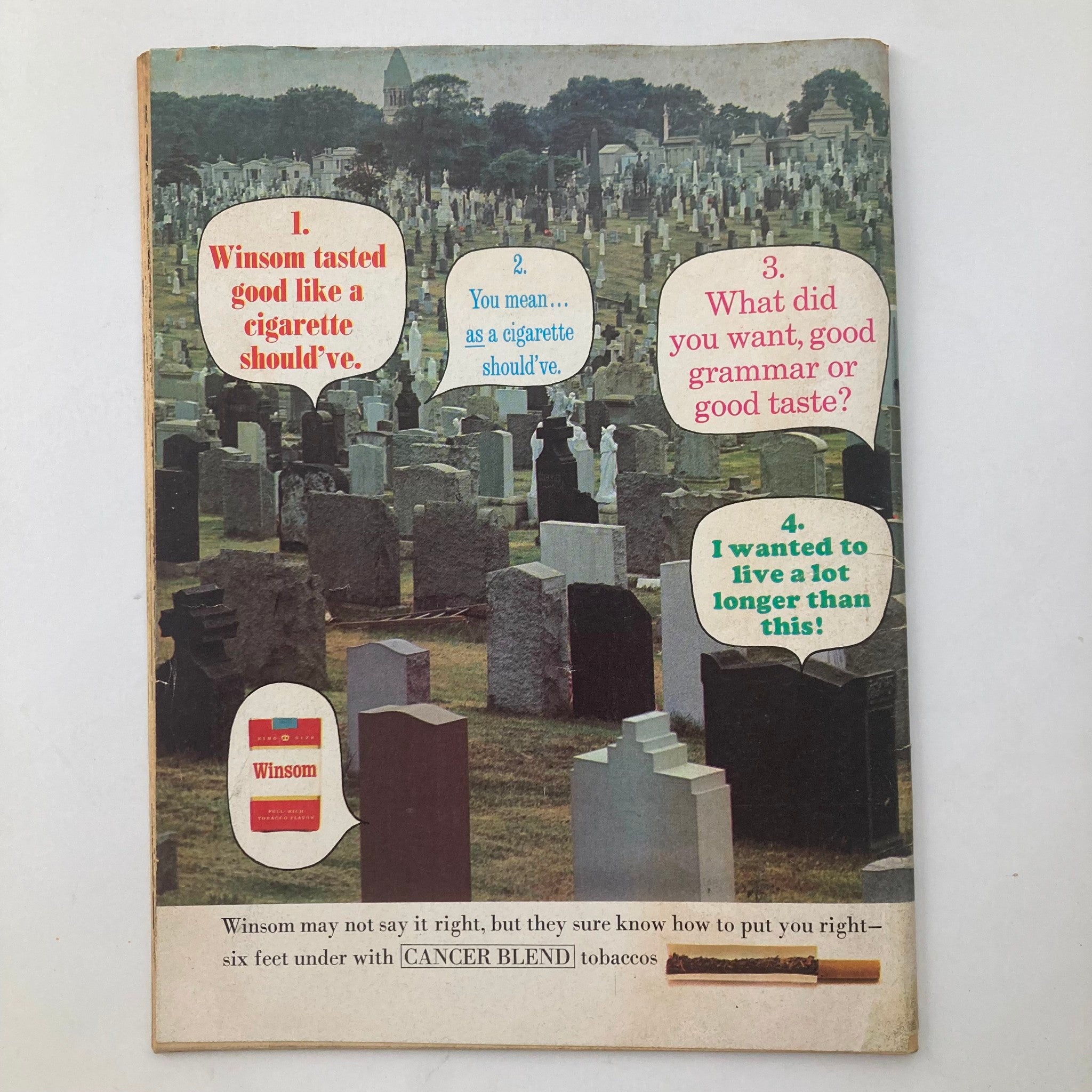 Cover of Mad Magazine January 1971 No. 140 featuring a cemetery scene with humorous text bubbles related to cigarette advertising. The image includes comedic references and captures the satirical essence of the magazine, showcasing its distinct humor.