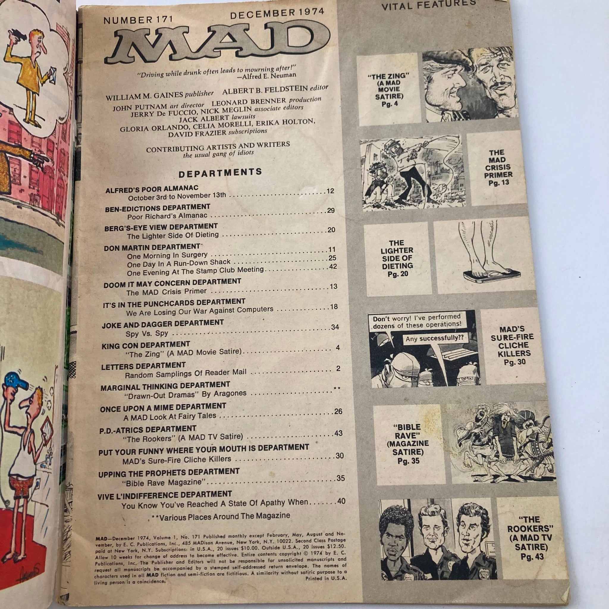 Interior page of Mad Magazine December 1974 No. 171 with table of contents listing various satirical sections and features, showcasing the magazine's humor and cultural commentary.
