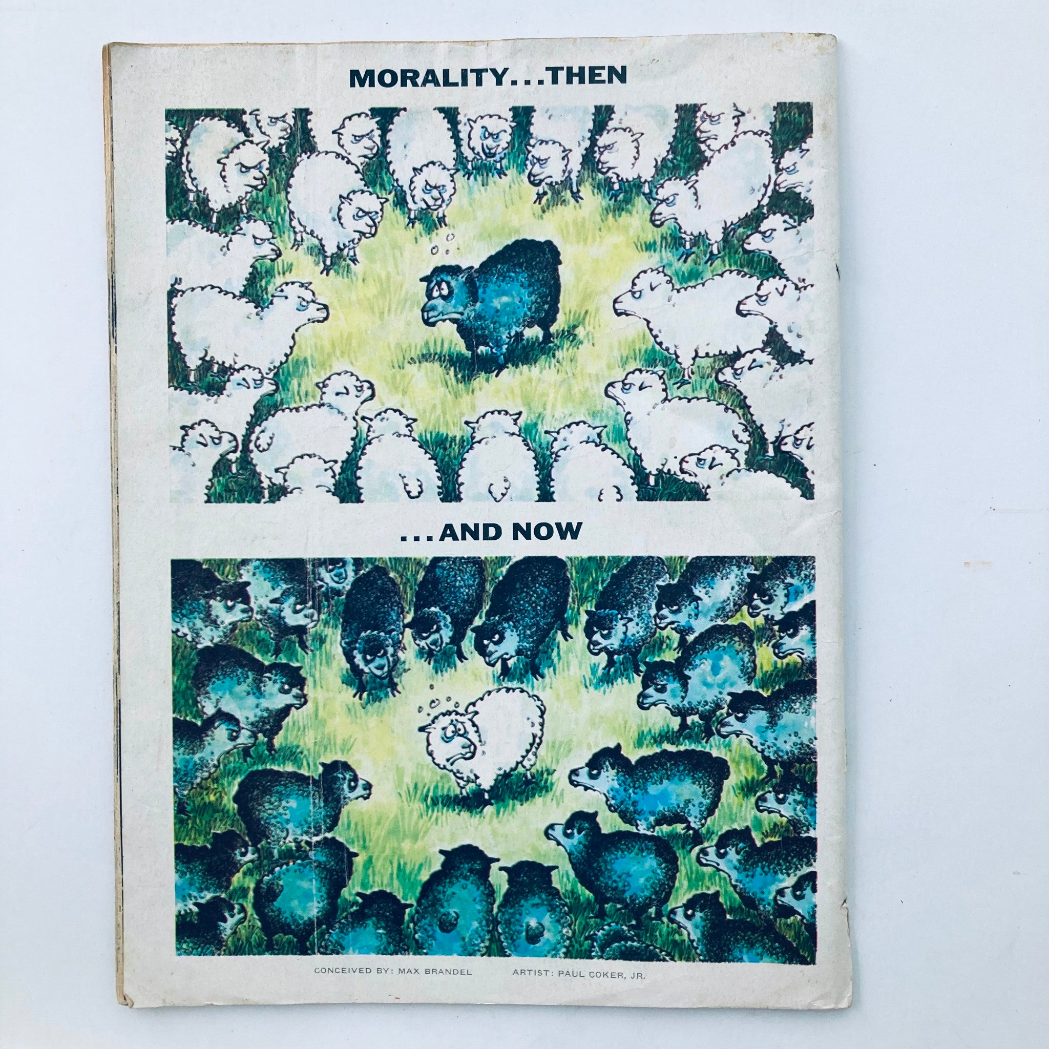Back cover of Mad Magazine December 1974 No. 171 featuring a colorful comic illustration titled 'Morality... Then... and Now' with sheep and a black sheep, highlighting the magazine's famous satire.