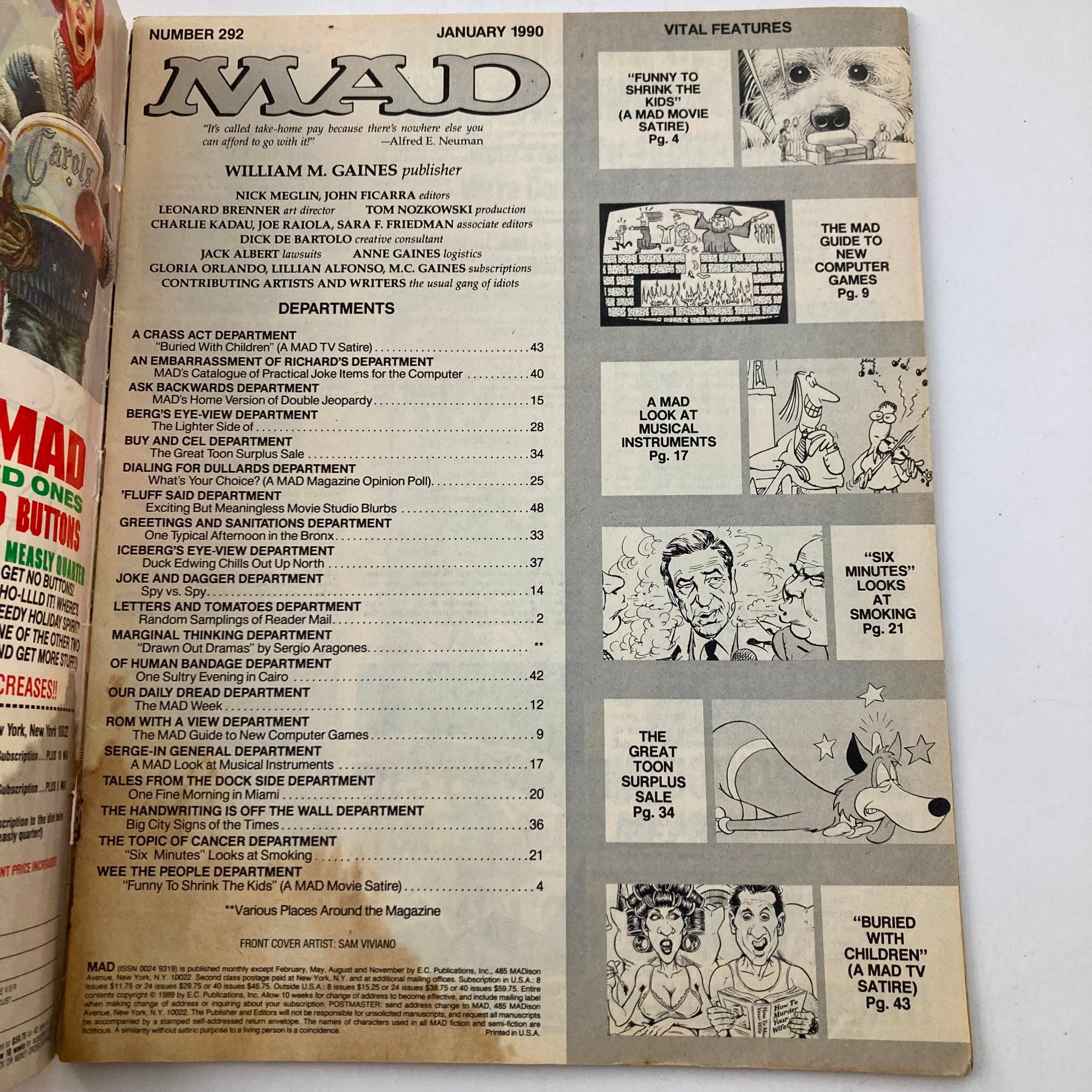 Interior page of VTG Mad Magazine January 1990 No. 292 featuring the table of contents and vital features, showcasing humorous articles related to pop culture and satire.