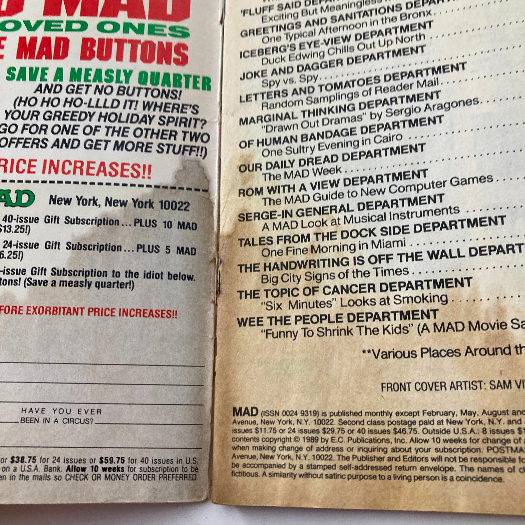 Flap of the VTG Mad Magazine January 1990 No. 292, highlighting subscription offers and featuring playful illustrations with a retro design aesthetic.