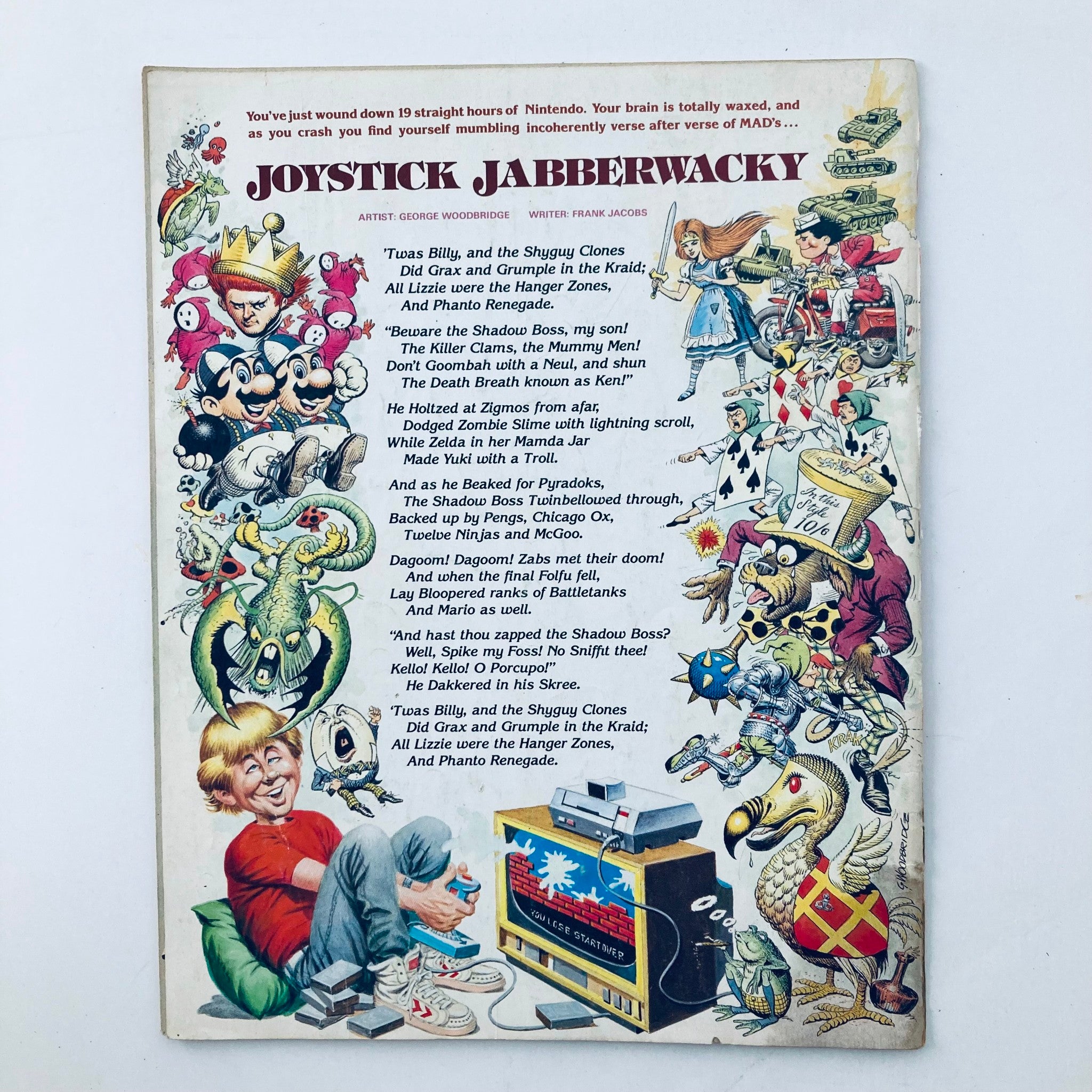 Back cover of VTG Mad Magazine January 1990 No. 292, displaying vibrant artwork from the 'Joystick Jabberwacky' comic, featuring characters from Nintendo in a comedic setting.