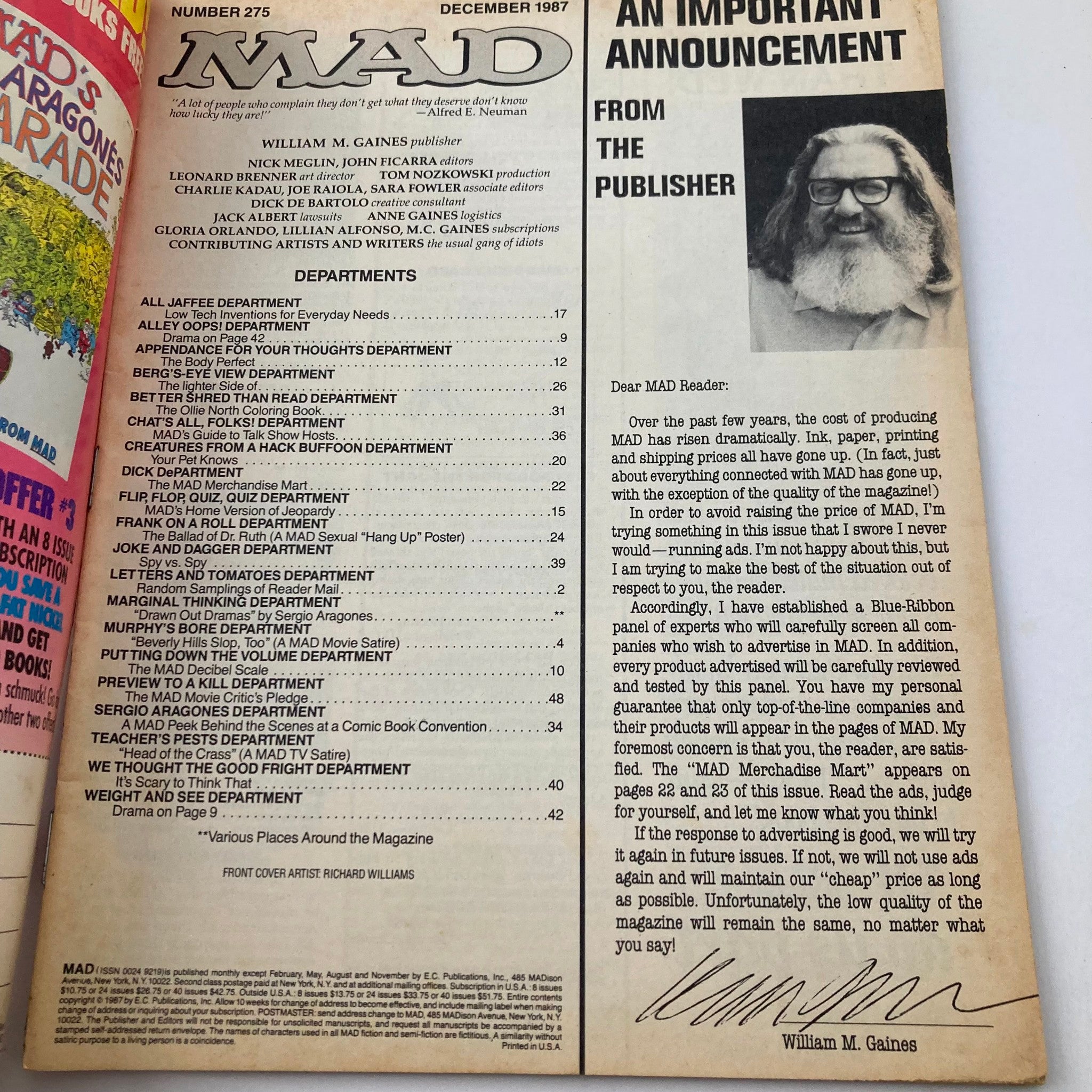 Interior page of VTG Mad Magazine December 1987 No. 275 displaying a table of contents with various comedic departments.