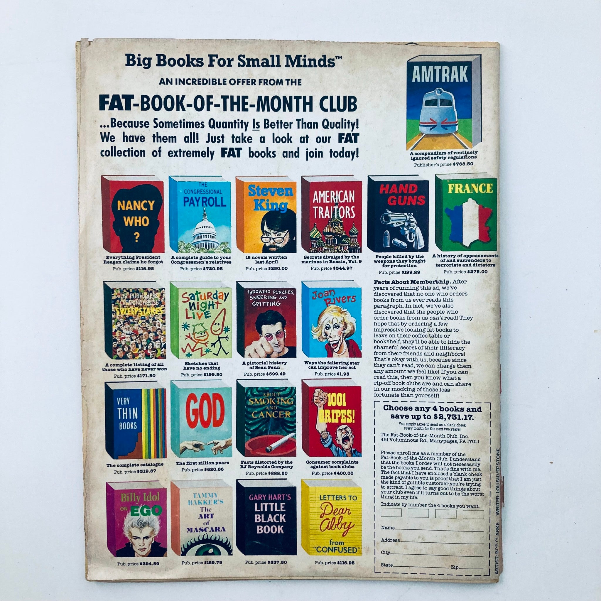Back cover of VTG Mad Magazine December 1987 No. 275 advertising the Fat Book-of-the-Month Club with colorful book illustrations.
