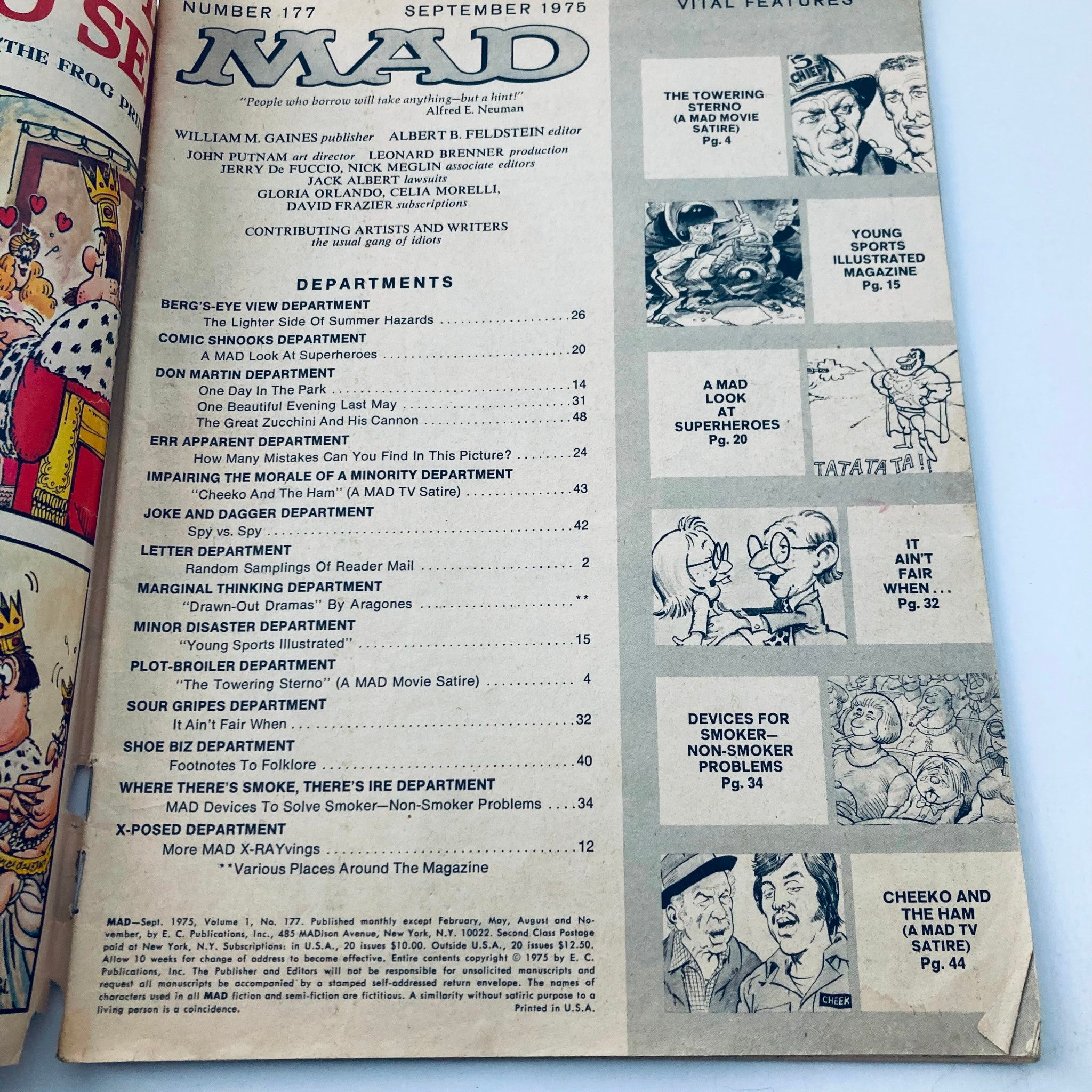 Interior page of VTG Mad Magazine September 1975 No. 177, showcasing the table of contents and highlighted features of this vintage issue, including satirical articles and cartoons.