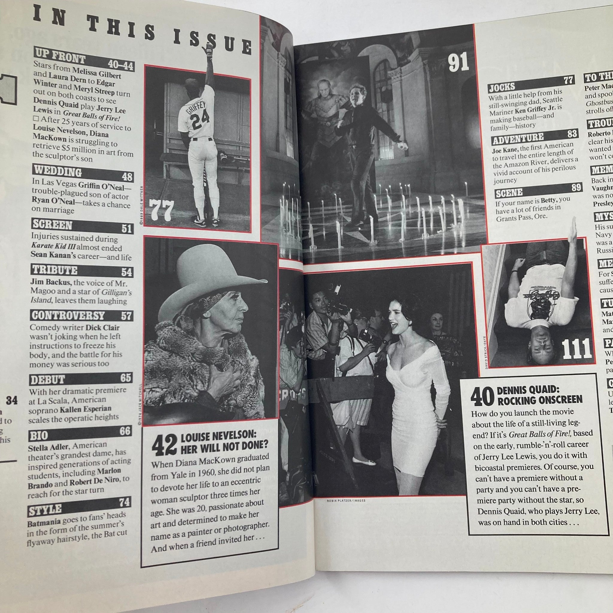 Inside content page of People Weekly Magazine from July 17, 1989, outlining featured stories including celebrities and events, with focus on Hugh Hefner and notable figures.