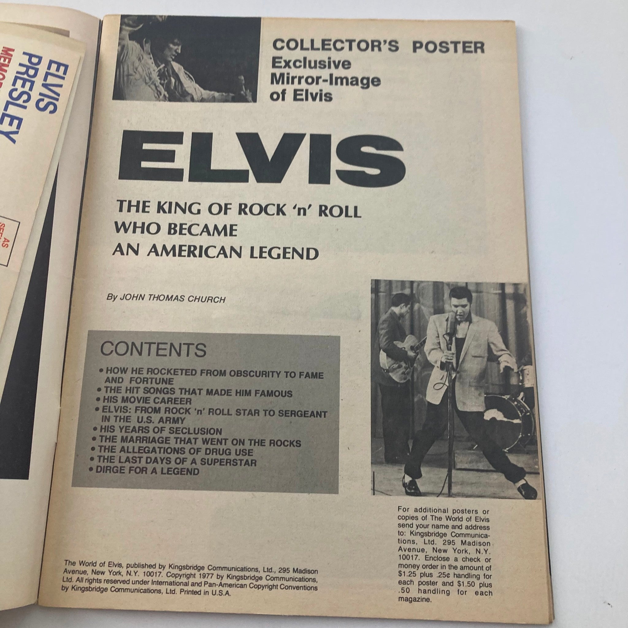 Page from the collectible magazine 'The World of Elvis' featuring a prominent title 'ELVIS: THE KING OF ROCK 'N' ROLL WHO BECAME AN AMERICAN LEGEND'. It includes contents outlining Elvis Presley's journey from obscurity to fame, along with iconic imagery of him performing.