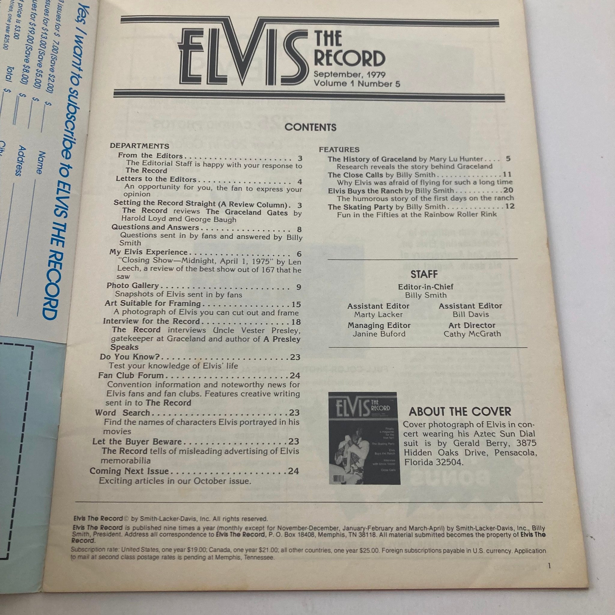 Contents page of VTG Elvis The Record Magazine September 1979 Vol 1 No. 5 listing articles about Elvis Presley, including a photo gallery and various features related to his life and career.