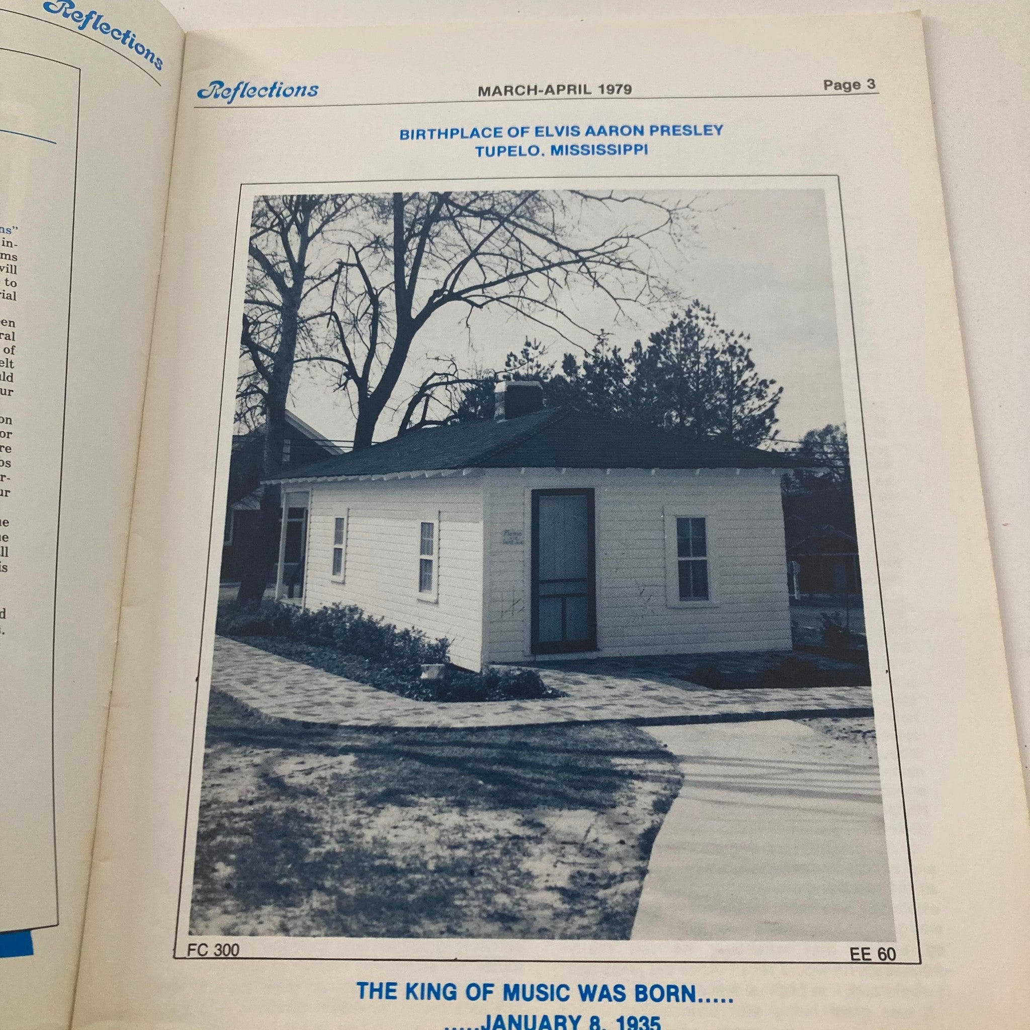Interior page from VTG Reflections Magazine March 1979 Vol 1 Issue 2 highlighting the birthplace of Elvis Presley in Tupelo, Mississippi, depicting the historical significance of the King of Rock 'n' Roll.
