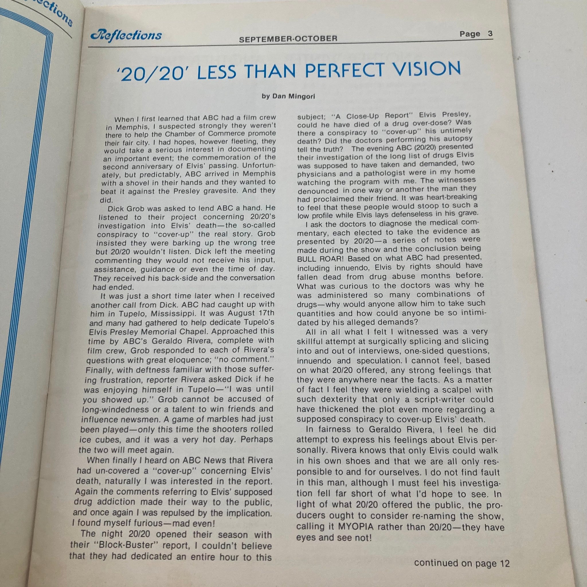 Interior page from VTG Reflections Magazine September 1979 Vol Issue 5 featuring an article titled '20/20' LESS THAN PERFECT VISION by Dan Mingori discussing Elvis Presley.