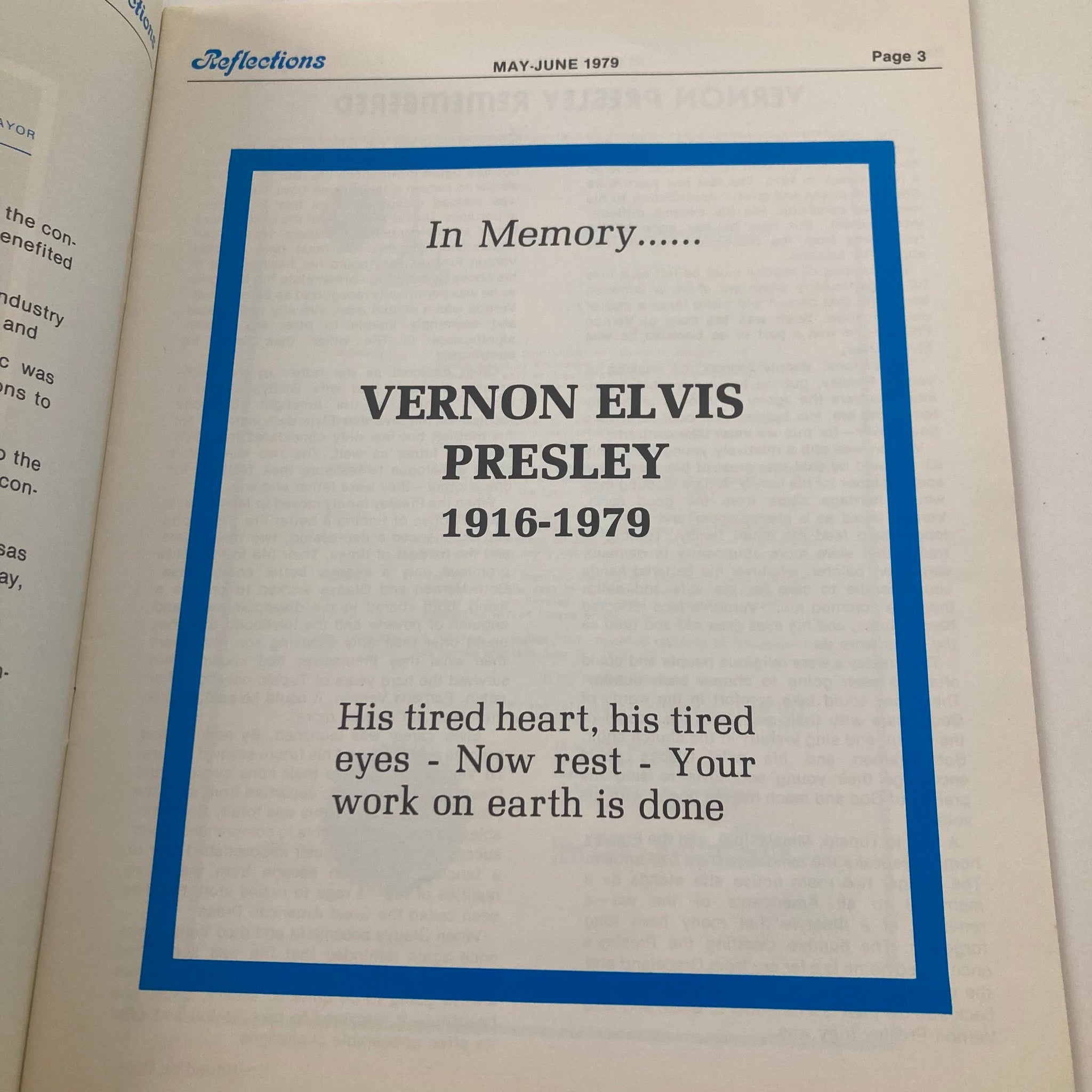 Inside page of VTG Reflections Magazine May 1979 Vol 1 Issue 3, dedicated to Vernon Elvis Presley, featuring an in memoriam tribute.