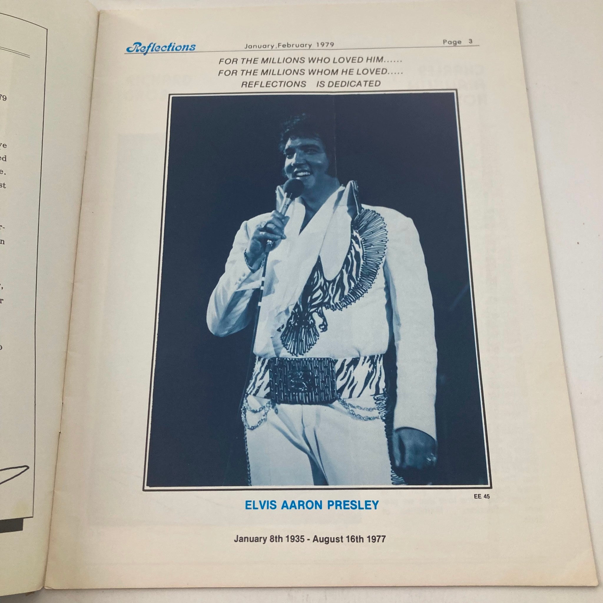 Interior page of VTG Reflections Magazine January 1979 dedicating a tribute to Elvis Aaron Presley, showing a performance image and commemorating his impact on music.
