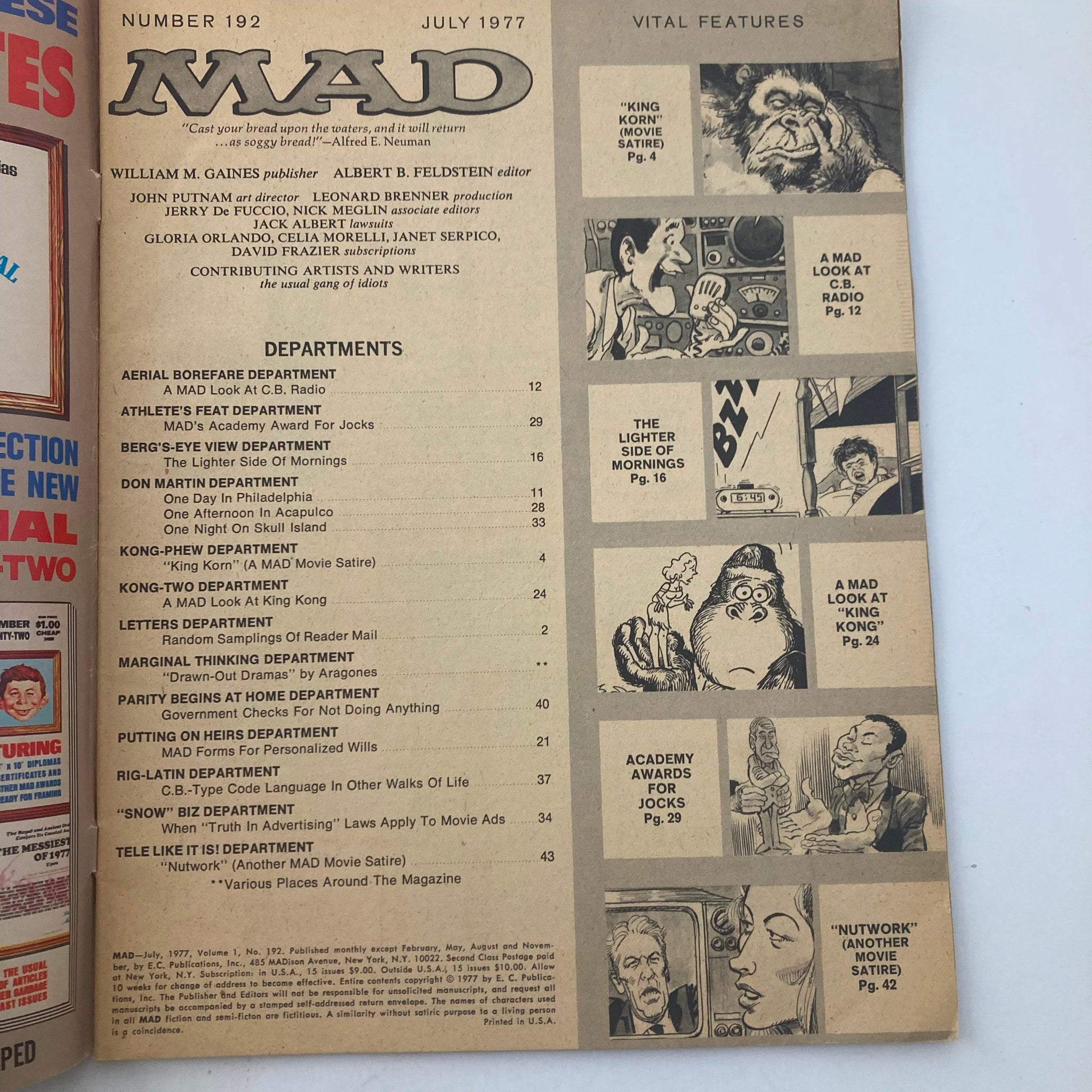 Inside page of VTG Mad Magazine July 1977 No. 192 detailing the Table of Contents, highlighting features like "King Kong (A Mad Movie Satire)" and "Academy Awards for Jocks."