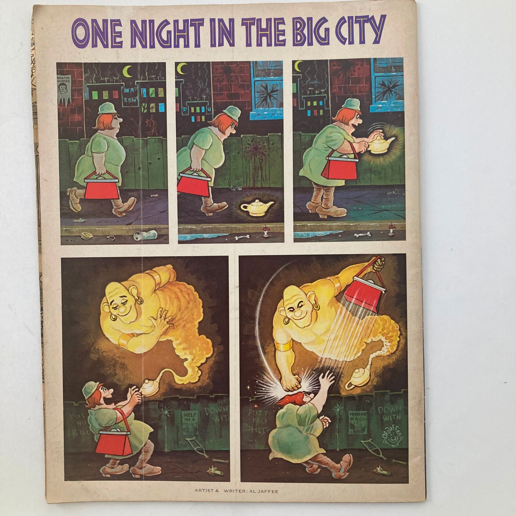 Another inside page of VTG Mad Magazine July 1977 No. 192 showcasing a comic titled "One Night in the Big City" illustrating a humorous encounter with a genie.