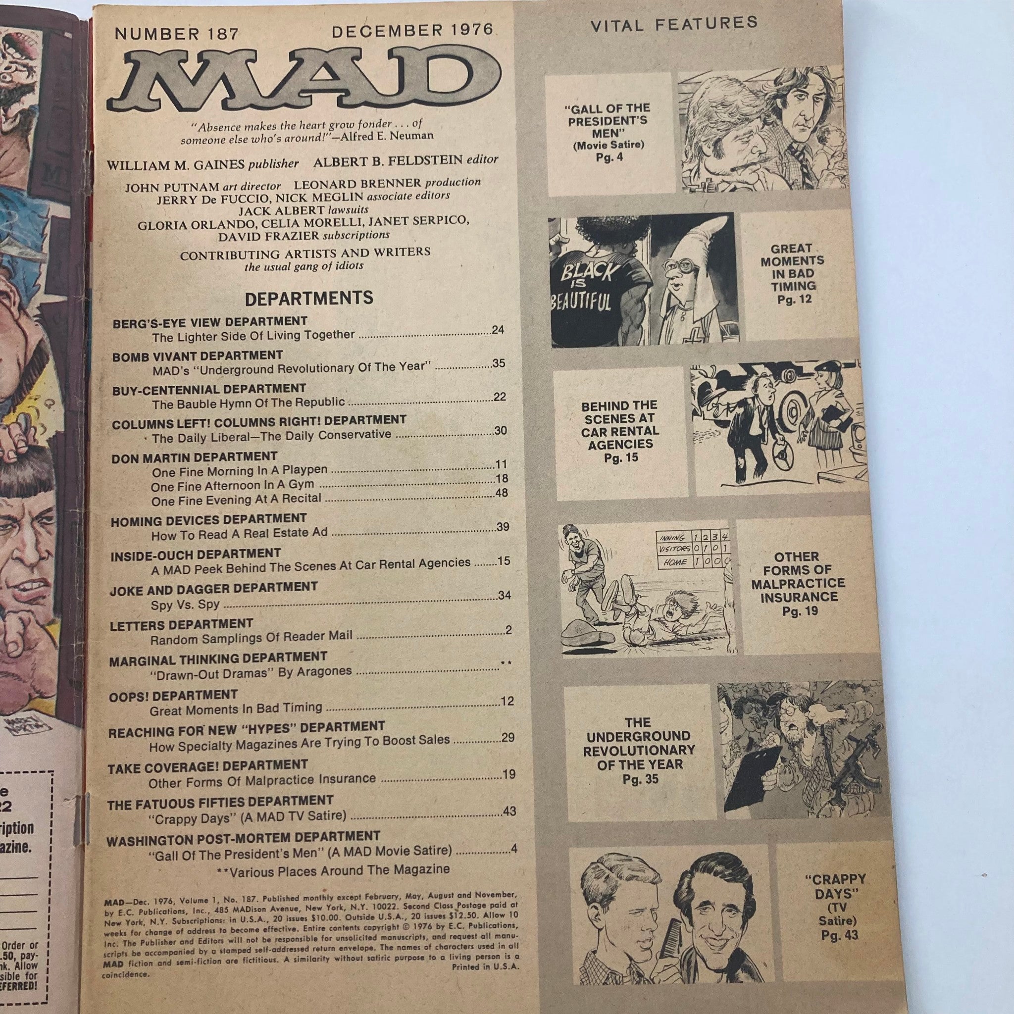 Inside page of Mad Magazine from December 1976, issue No. 187, showcasing the table of contents and features of the magazine, highlighting satire topics such as 'Gall of the President's Men' and other comedic sketches. VTG Mad Magazine December 1976 No. 187 Henry Winkler The Fonz 4.0 VG No Label.