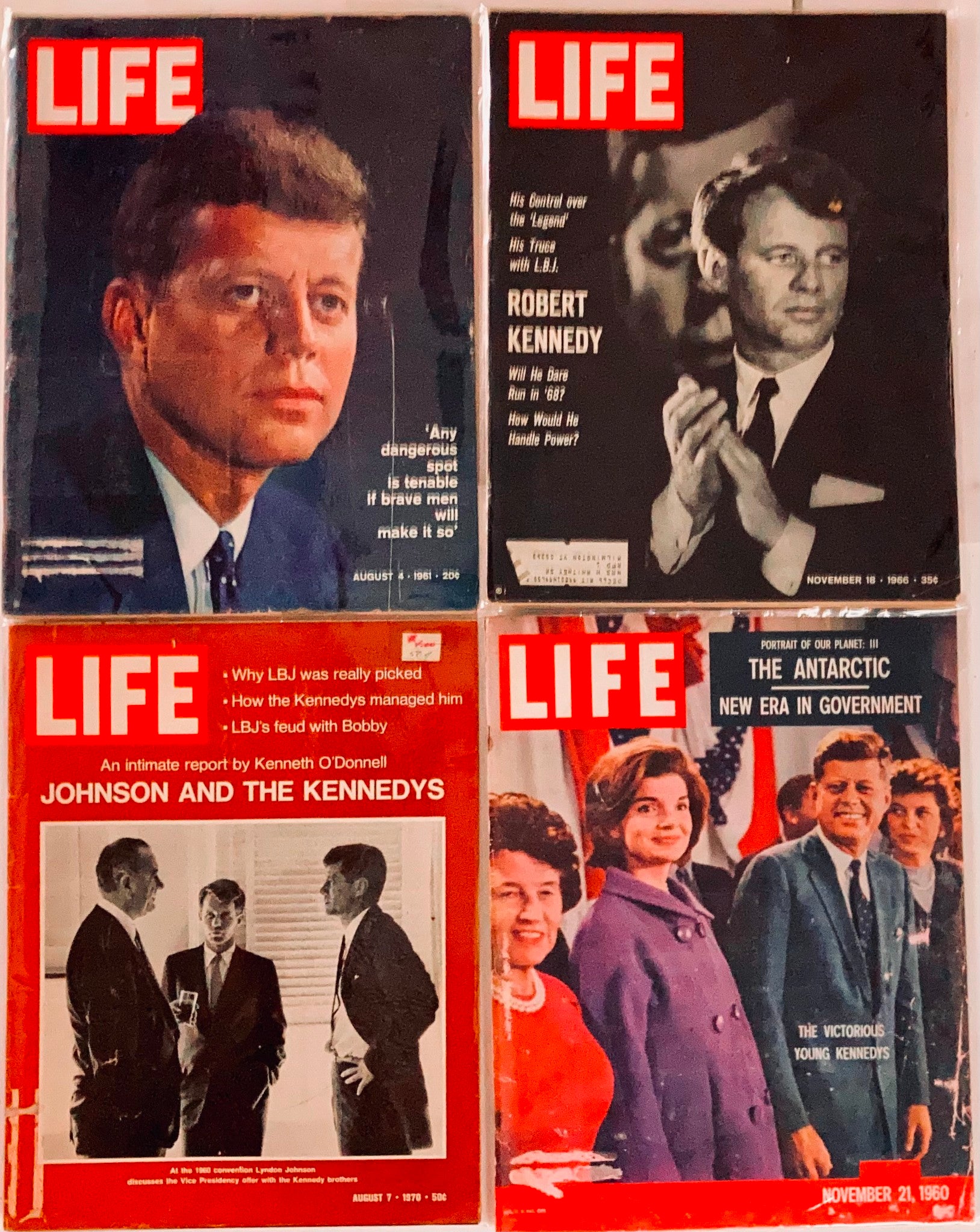 Lot of 19 Life Magazines with covers displaying John F. Kennedy, Robert Kennedy, and the Inauguration, highlighting significant historical events.