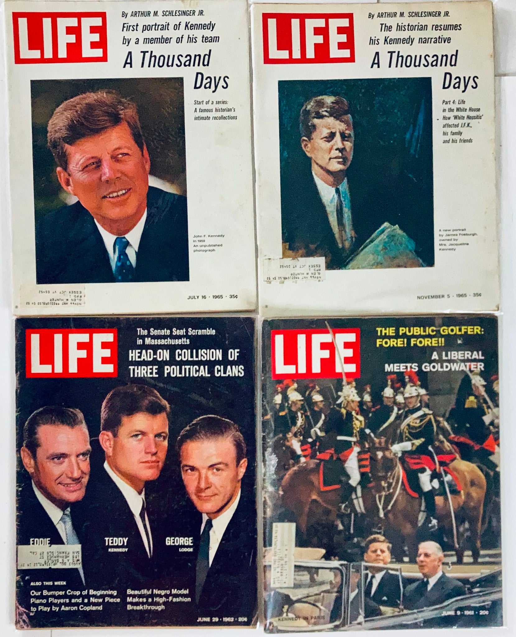 Lot of 19 Life Magazines showing key editions related to JFK, including portraits, the Warren Report, and historical narratives from the Kennedy era.