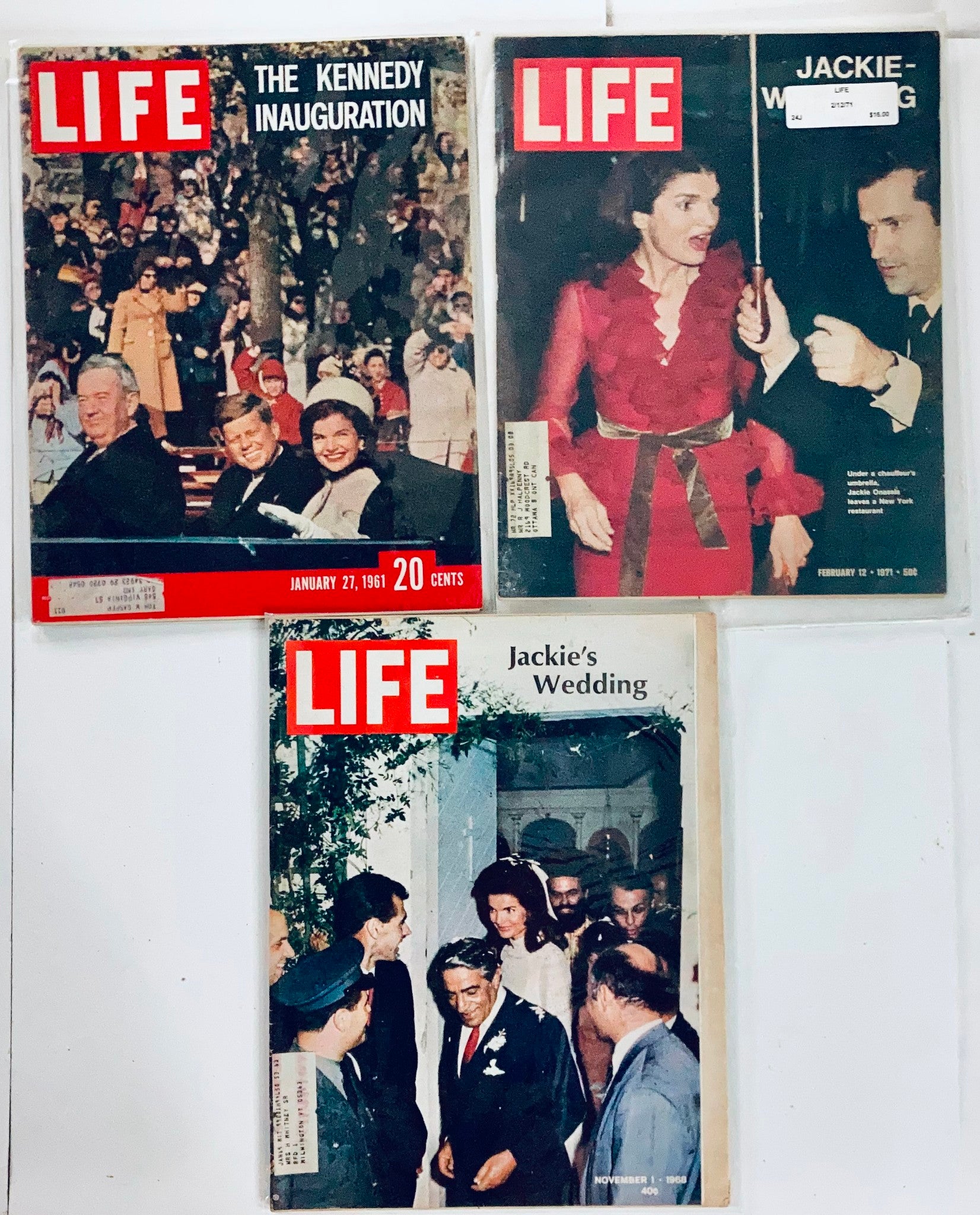 Lot of 19 Life Magazines showcasing JFK, Jacqueline Kennedy, and historical moments including The Kennedy Inauguration from January 27, 1961, and Jackie’s Wedding from February 12, 1977, as well as Jackie’s Wedding cover featuring Jacqueline Kennedy.