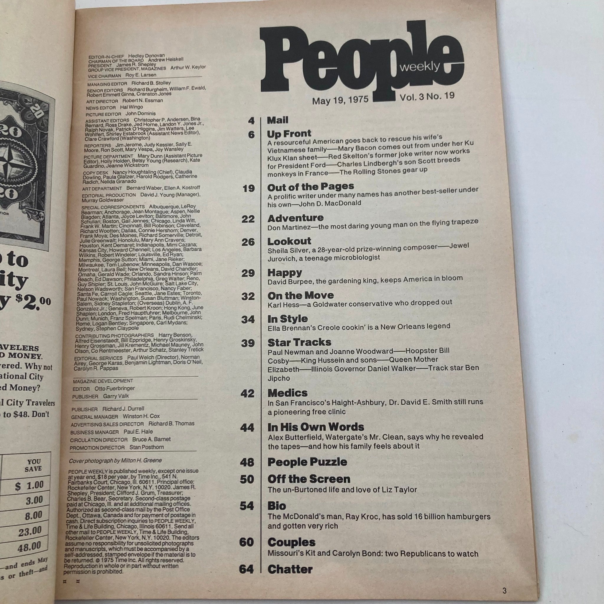 Page from People Weekly Magazine May 19 1975 Vol 3 No. 19 featuring the table of contents, highlighting articles on pop culture and celebrity themes from the 1970s.