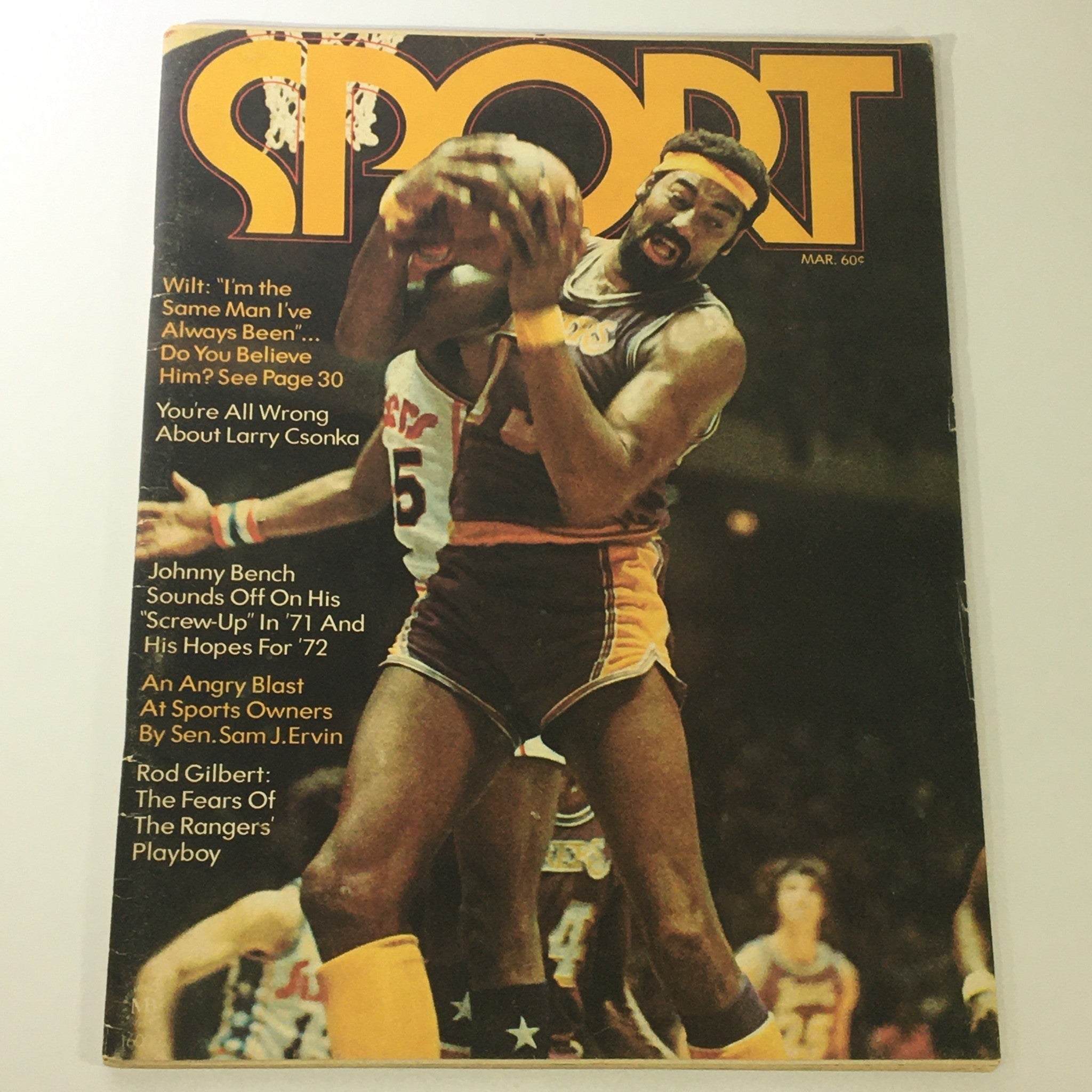 Cover of VTG Sport Magazine March 1972 Vol 53 #3 featuring basketball player Wilt Chamberlain, with articles about Johnny Bench and Larry Csonka, highlighting significant moments in sports history.