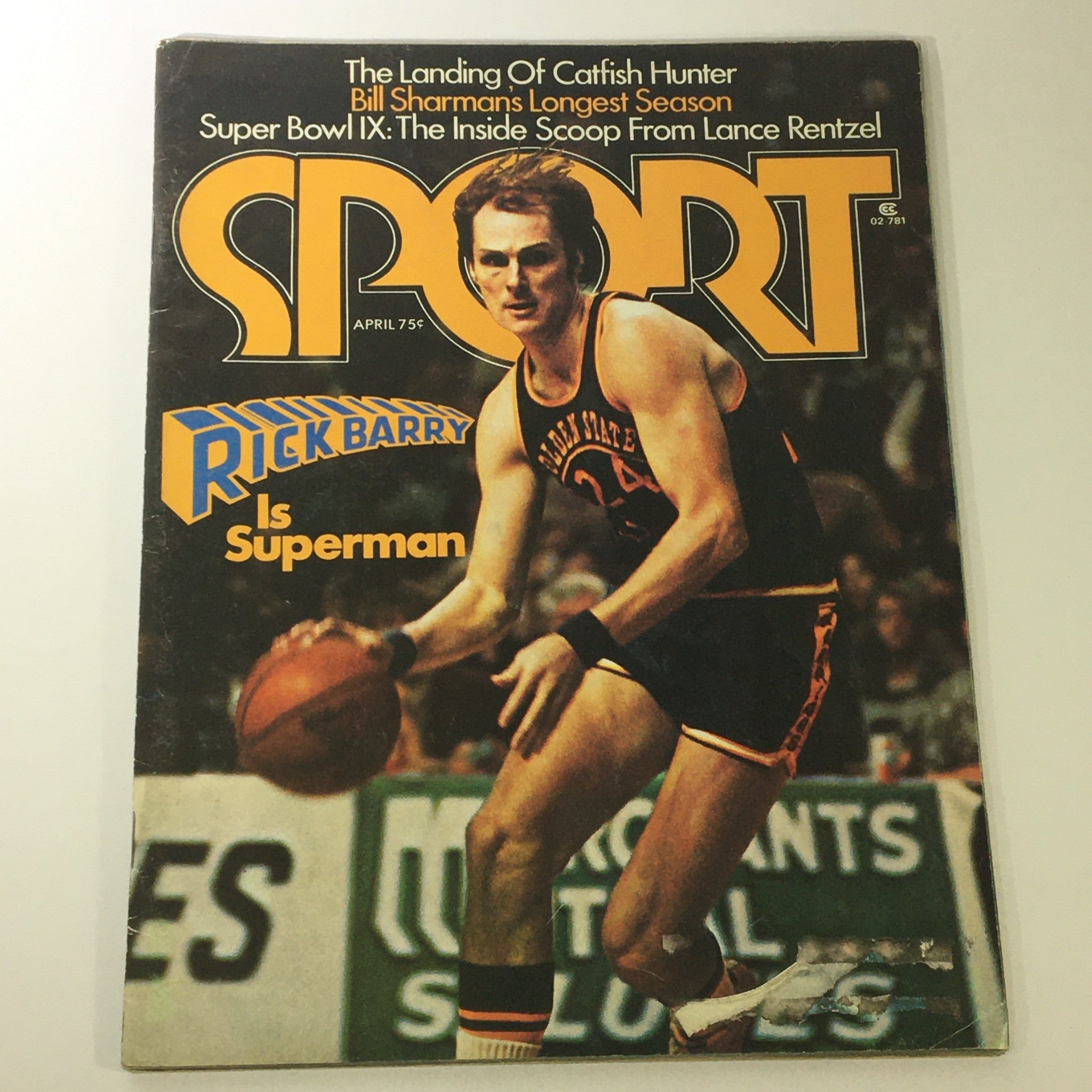 Vintage Sport Magazine cover from April 1975 featuring basketball player Rick Barry with the headline 'Is Superman'. This collectible issue highlights iconic sports culture from the 1970s.