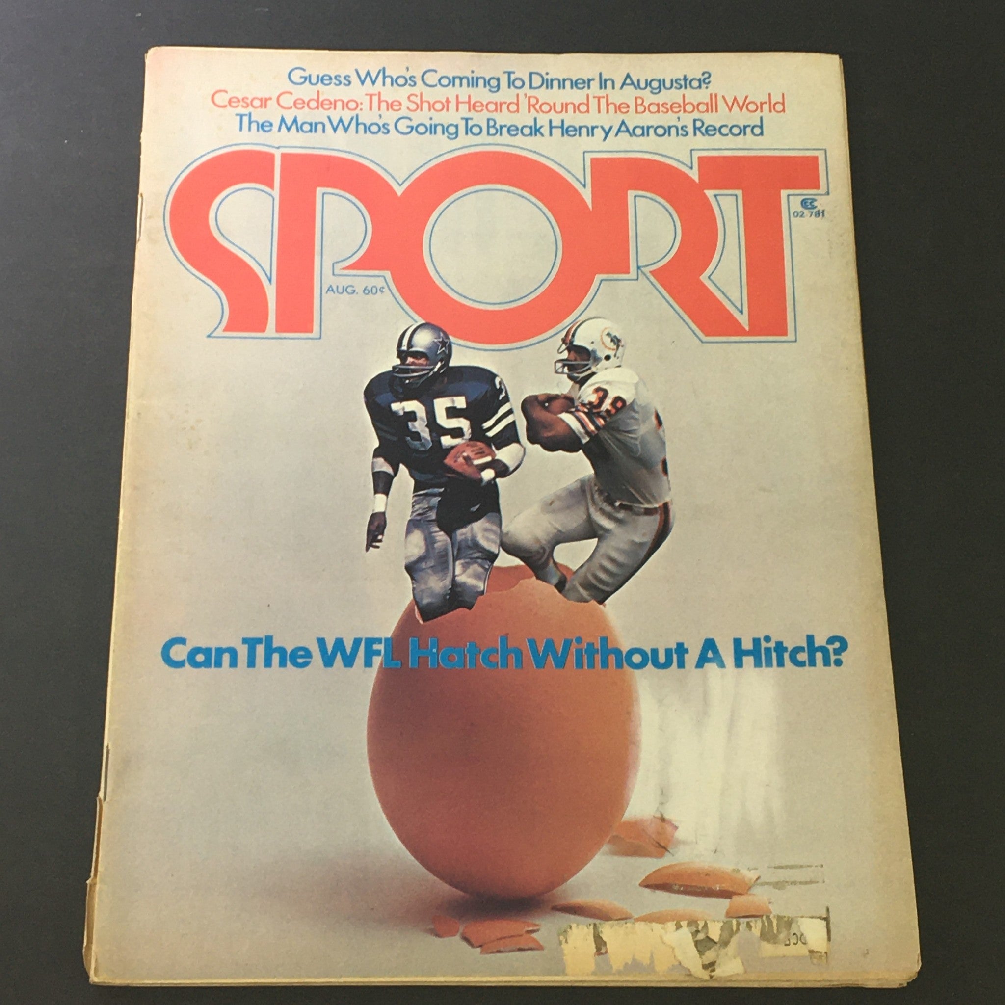 Cover of VTG Sport Magazine August 1974 Vol 58 #2 featuring football players on an egg background, showcasing Larry Csonka and Calvin Hill.