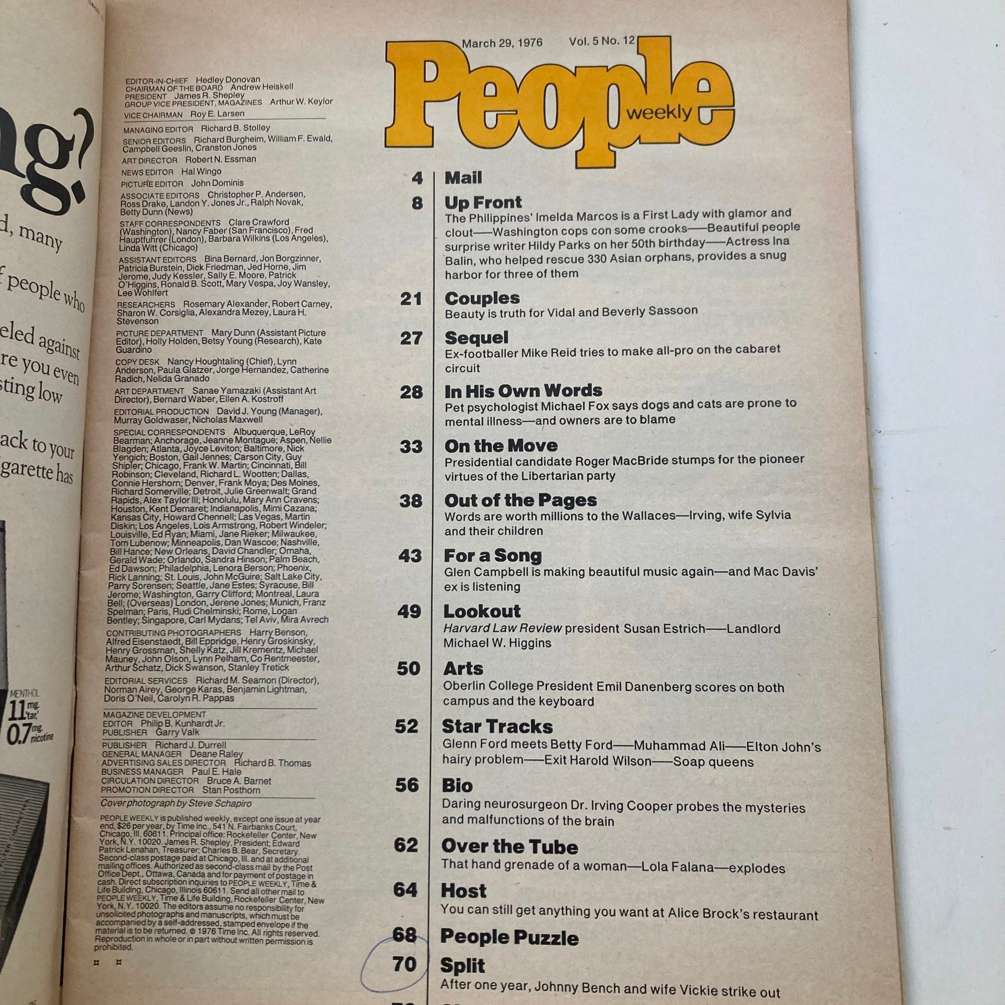 Inside page of People Weekly Magazine March 29, 1976, Volume 5, Number 12 with a table of contents listing various articles and features.