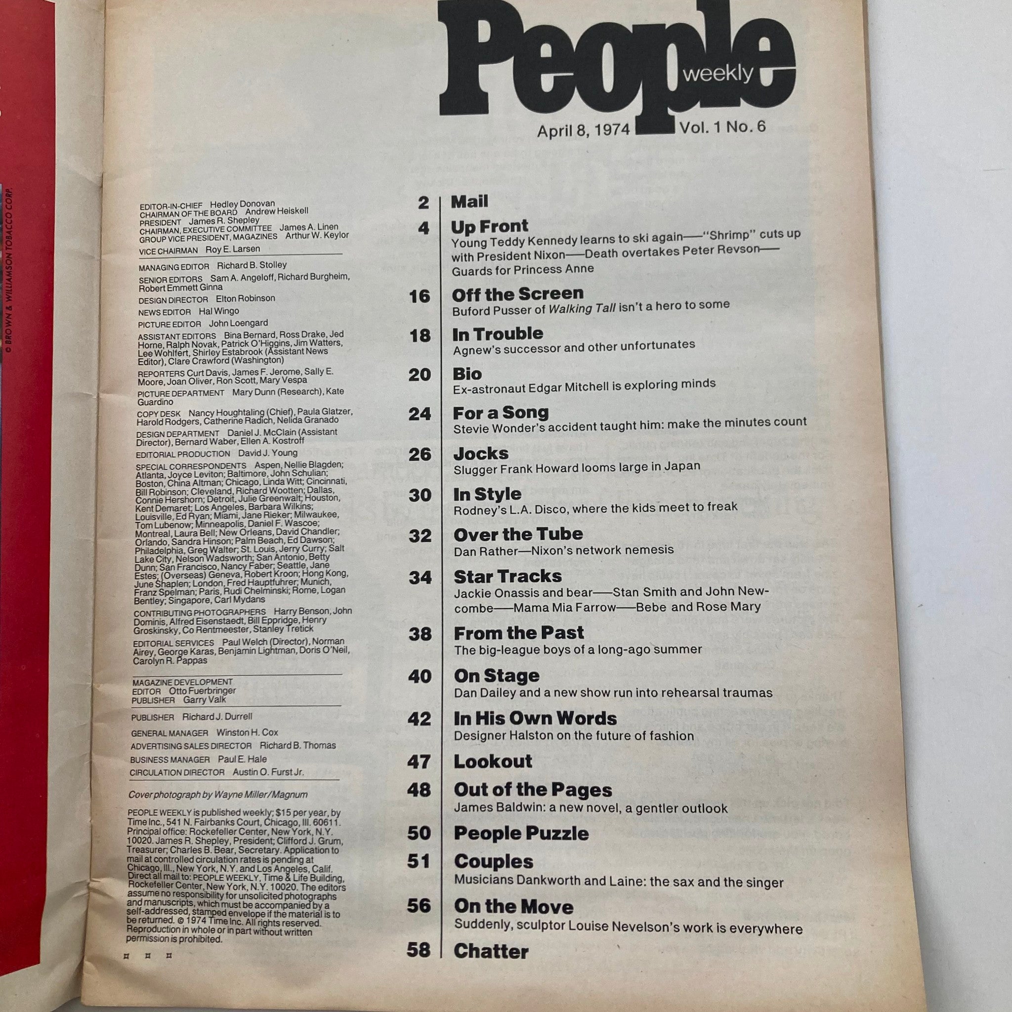 Table of contents from the April 8, 1974 issue of People Weekly Magazine featuring articles on Ted Kennedy and Ted Jr., political insights, and cultural topics.
