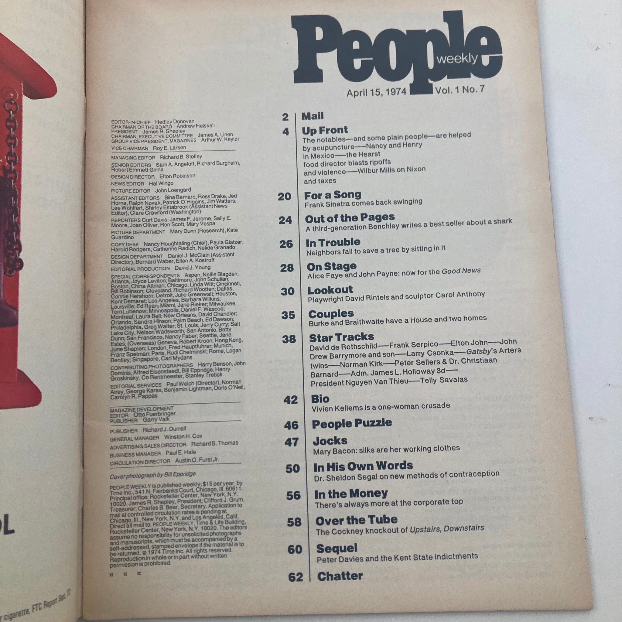 Contents page of the VTG People Weekly Magazine from April 15, 1974, featuring actor Lorne Greene on the cover. The layout includes various article titles and features from that issue, reflecting the pop culture of the 1970s.