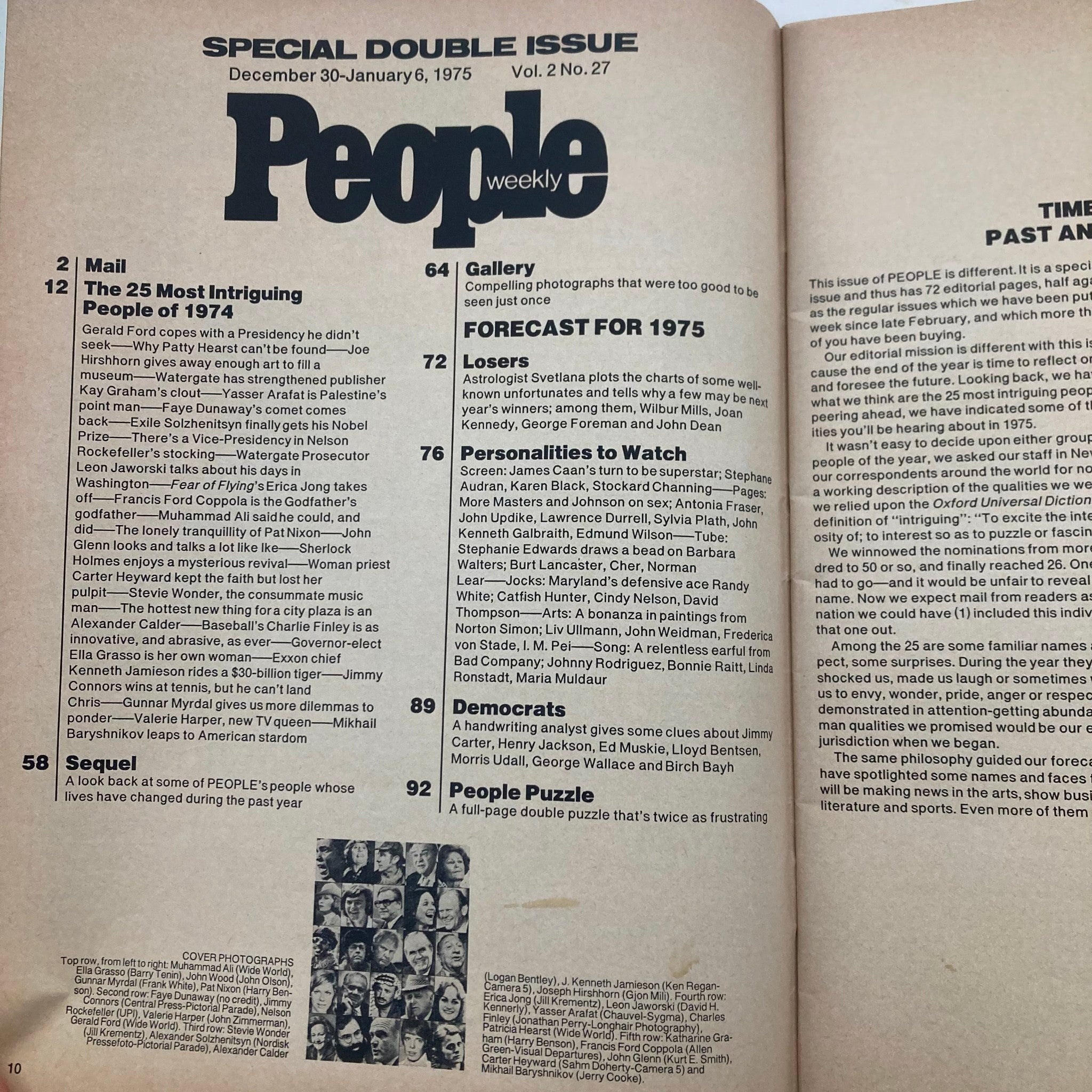 Interior page of the Vintage People Weekly Magazine from December 30, 1974, Vol 2 No. 27, highlighting articles and features on the most intriguing people and events of 1974.