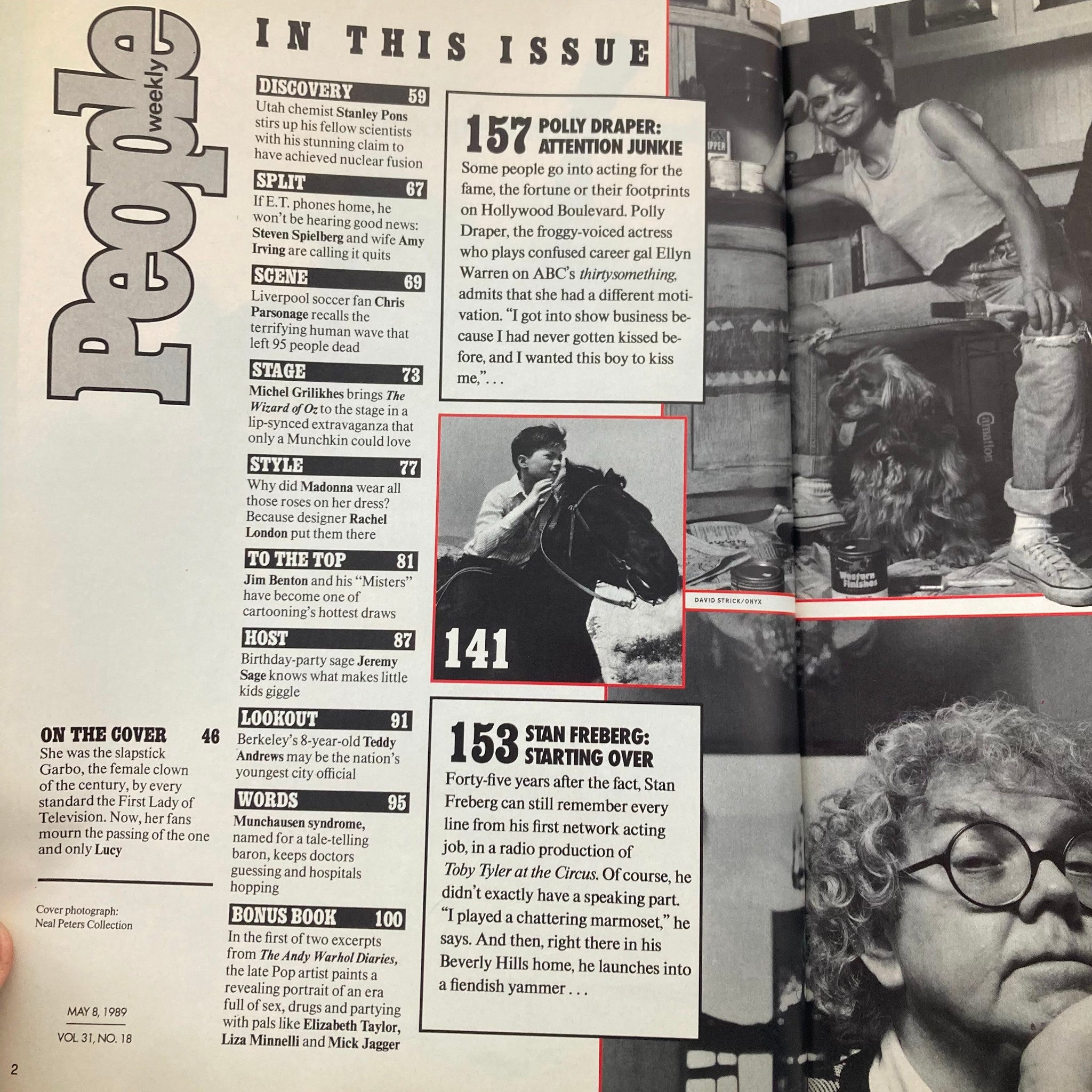 Inside contents page of VTG People Weekly Magazine May 8, 1989 detailing featured articles and stories, including a tribute to Lucille Ball.