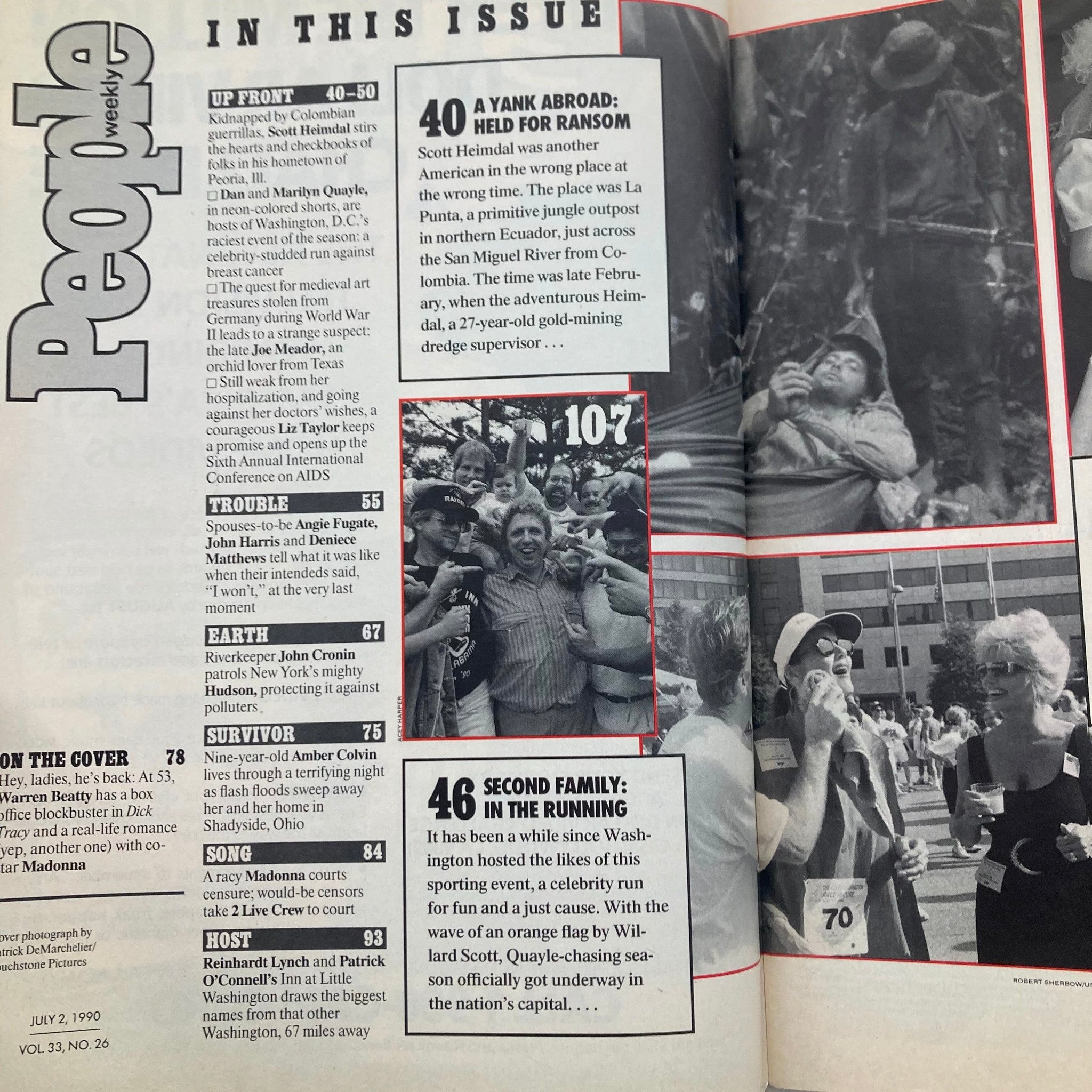 Table of contents from People Weekly Magazine July 2, 1990 detailing various articles and features within the issue.