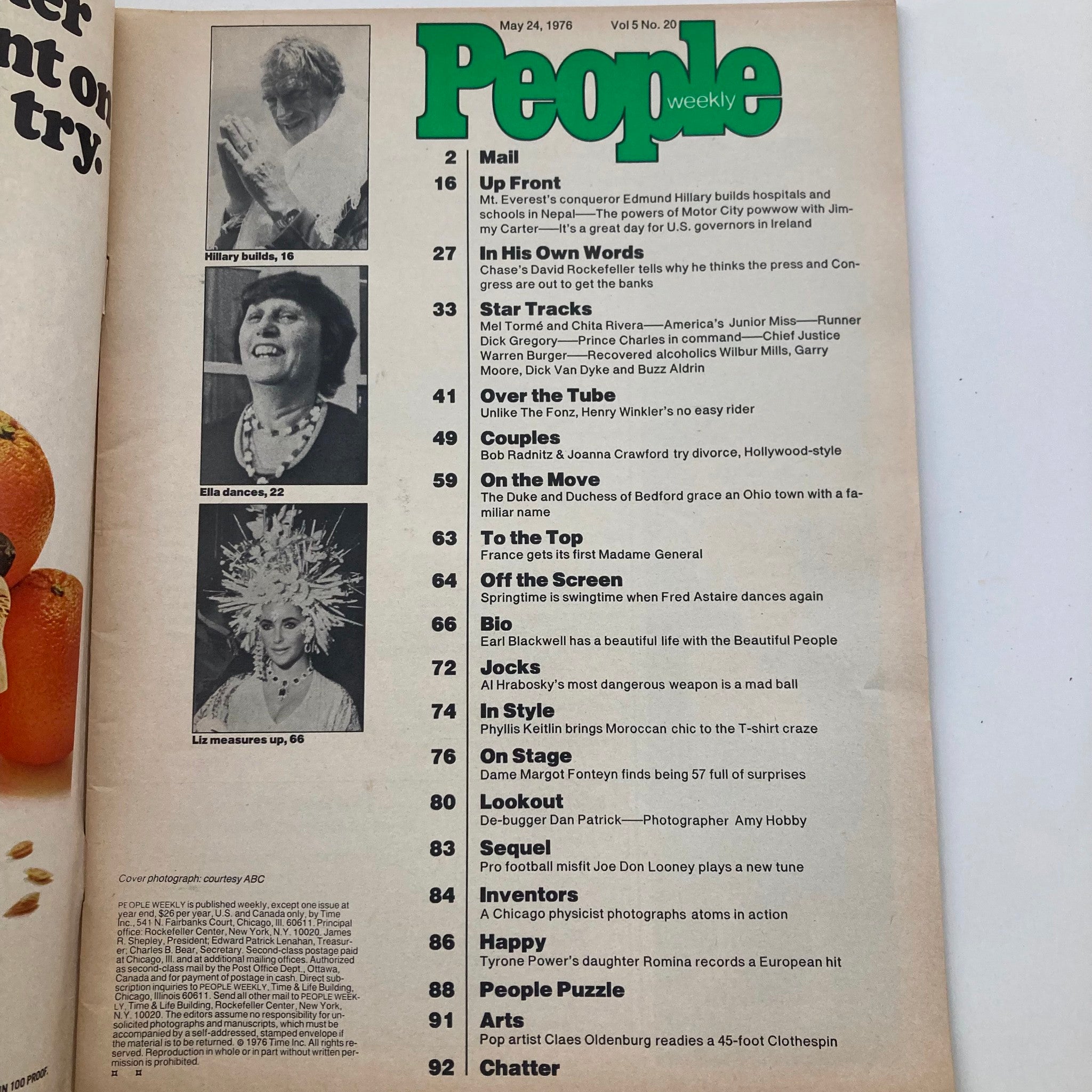 Interior page of People Weekly Magazine, May 24, 1976, Vol 5 No. 20. It includes a table of contents showcasing various articles and features, including highlights about Hillary Clinton, Ella Fitzgerald, and David Rockefeller.