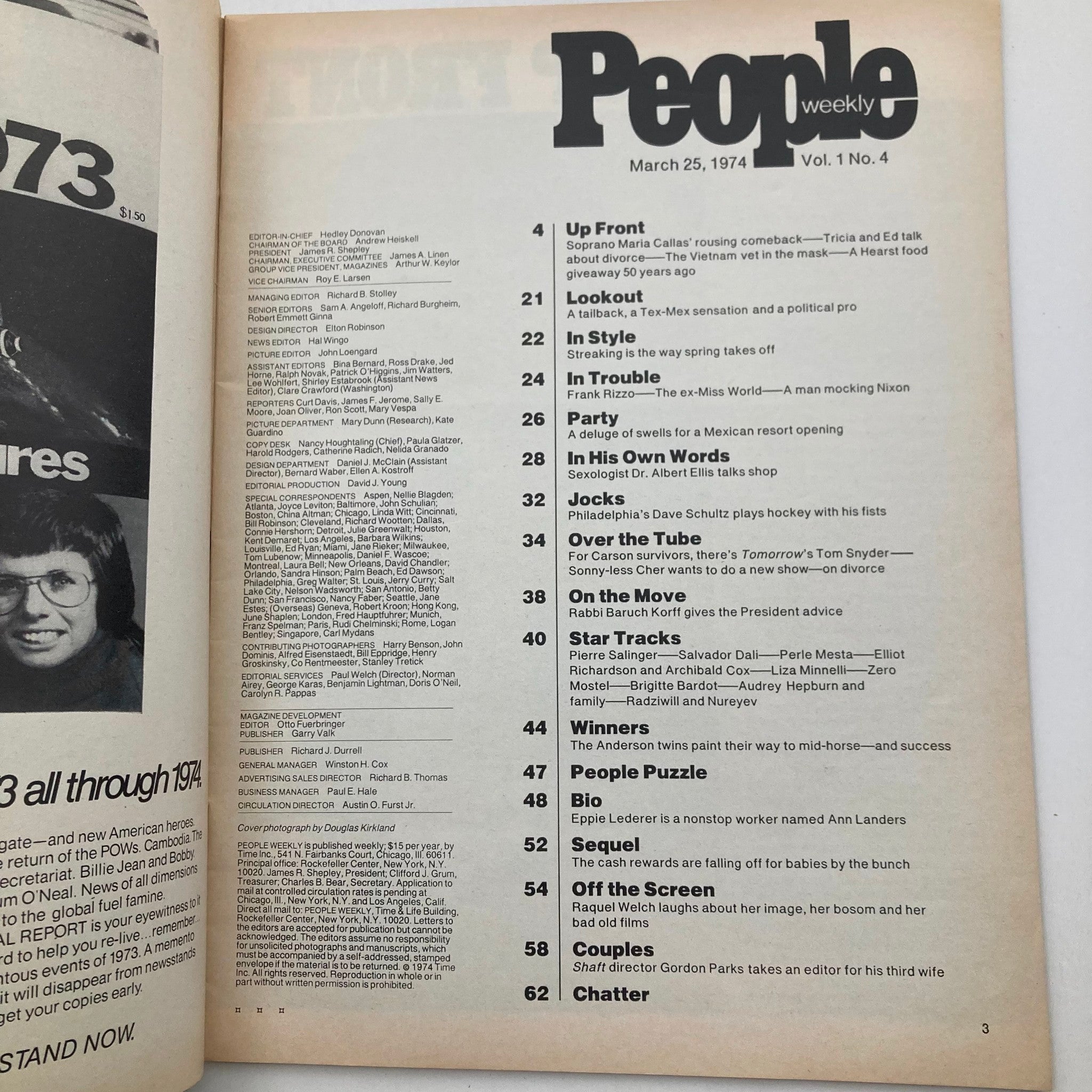 Table of contents from VTG People Weekly Magazine March 25 1974 Vol 1 No. 4 Raquel Welch, showcasing articles including 'Up Front,' 'Lookout,' 'In Style,' and features highlighting Hollywood and cultural commentary.
