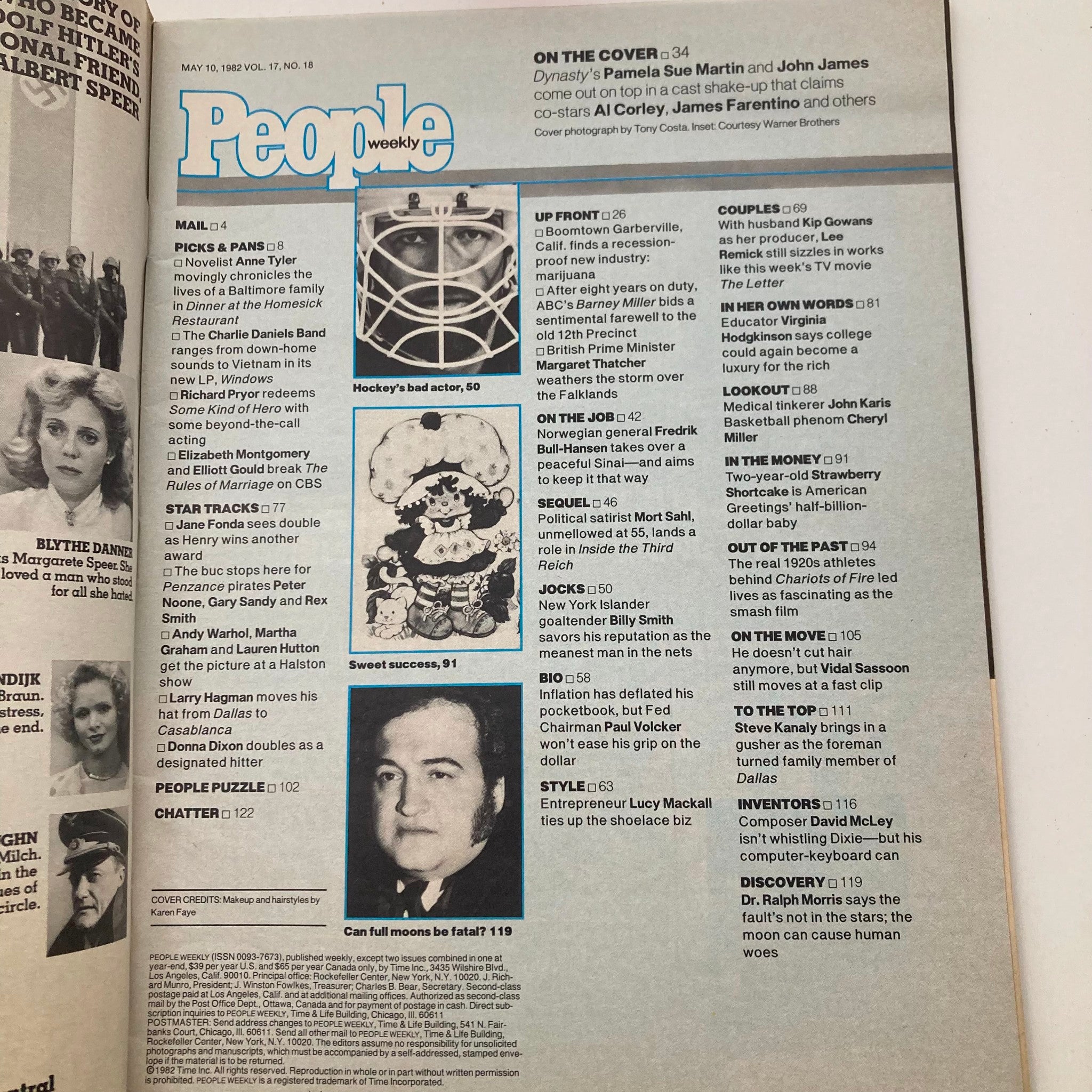 Interior page of VTG People Weekly Magazine May 10, 1982 showcasing contents and articles including features on celebrity lifestyle and interviews.