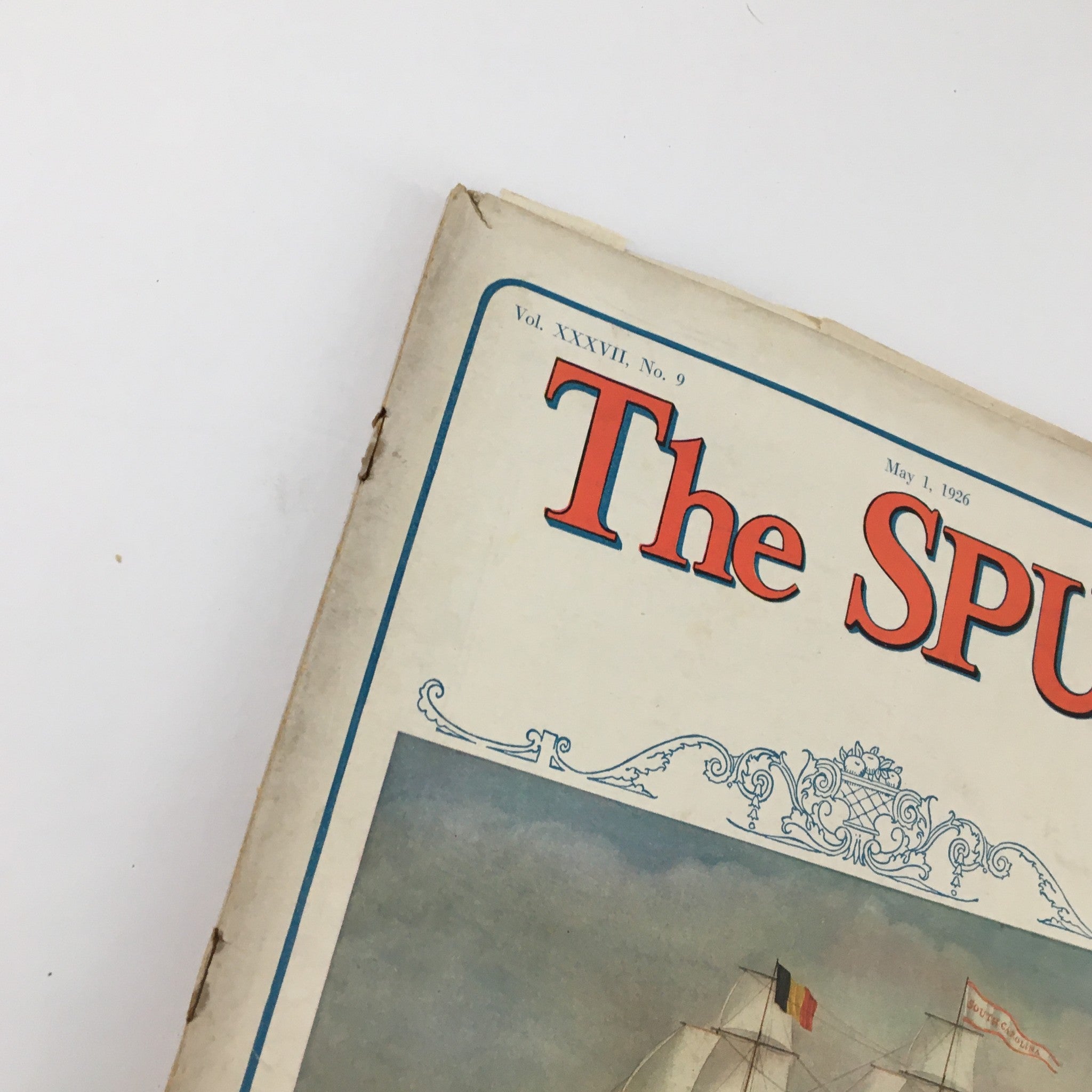 Side view of the cover of VTG The Spur Magazine May 1, 1926, highlighting its title and vintage artwork.